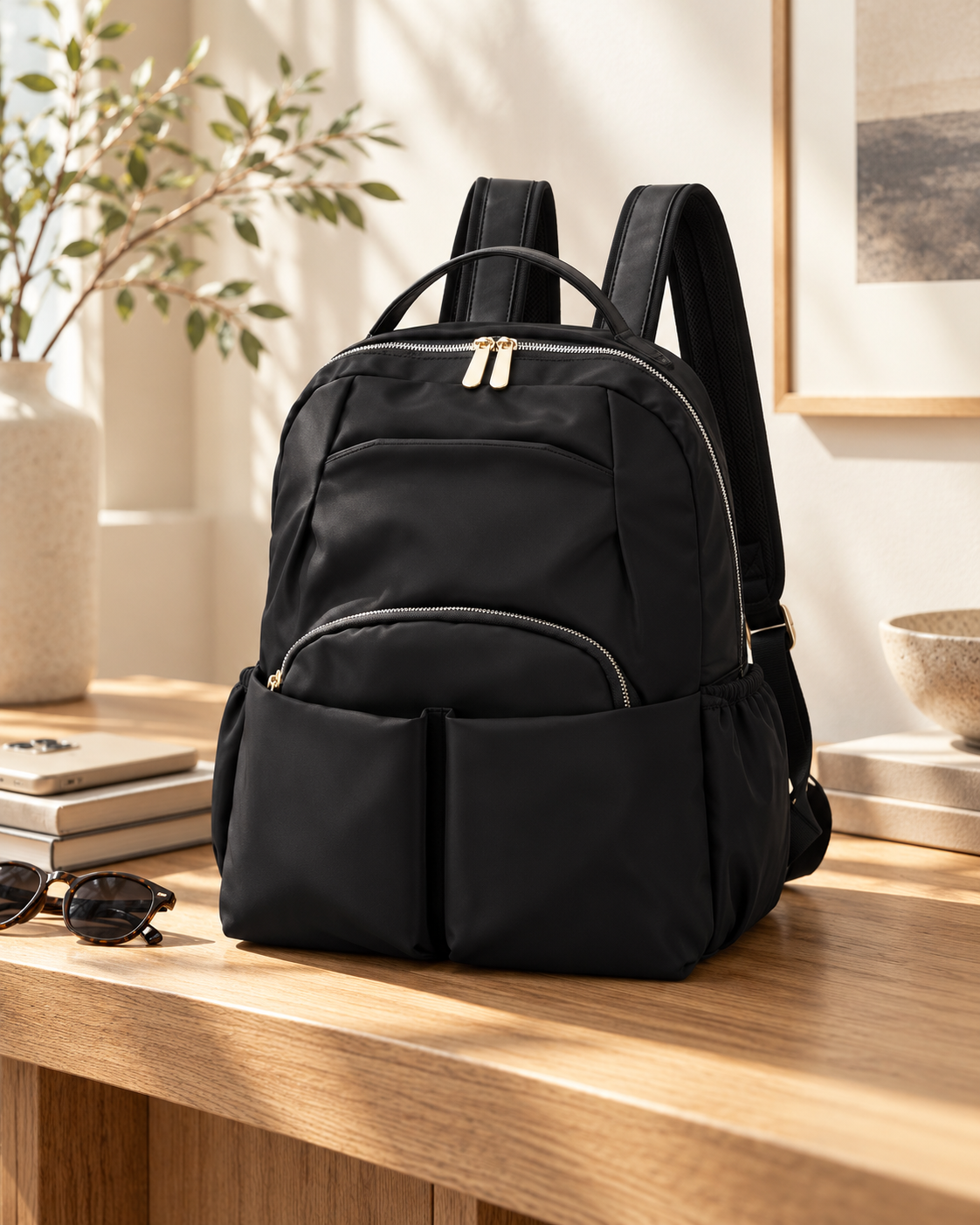 Black backpack with separate front compartments on a wooden table with sunglasses, notebooks, and a potted plant nearby.