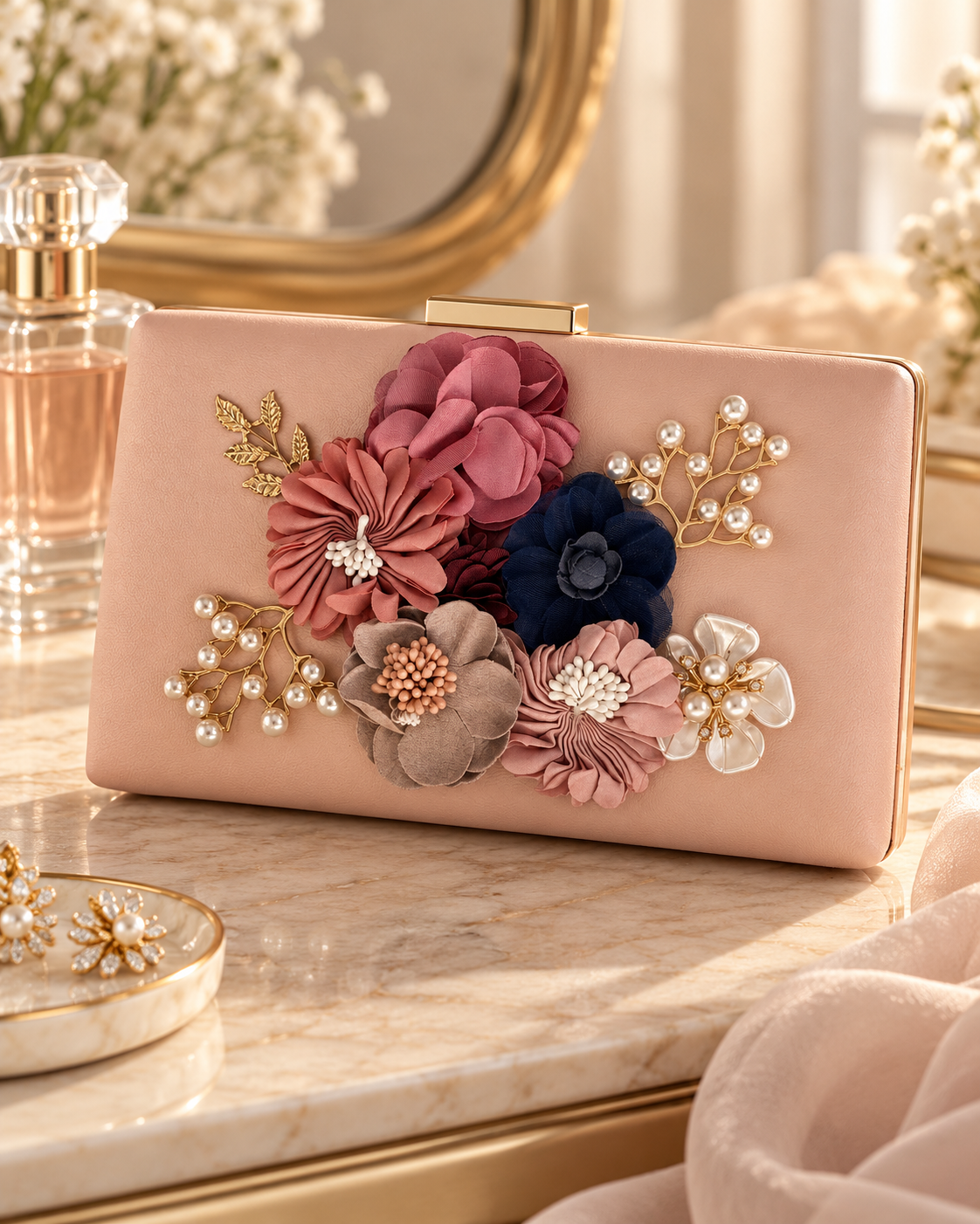 A pink clutch purse decorated with fabric flowers and pearl accents on a marble surface, with jewelry and a perfume bottle nearby.