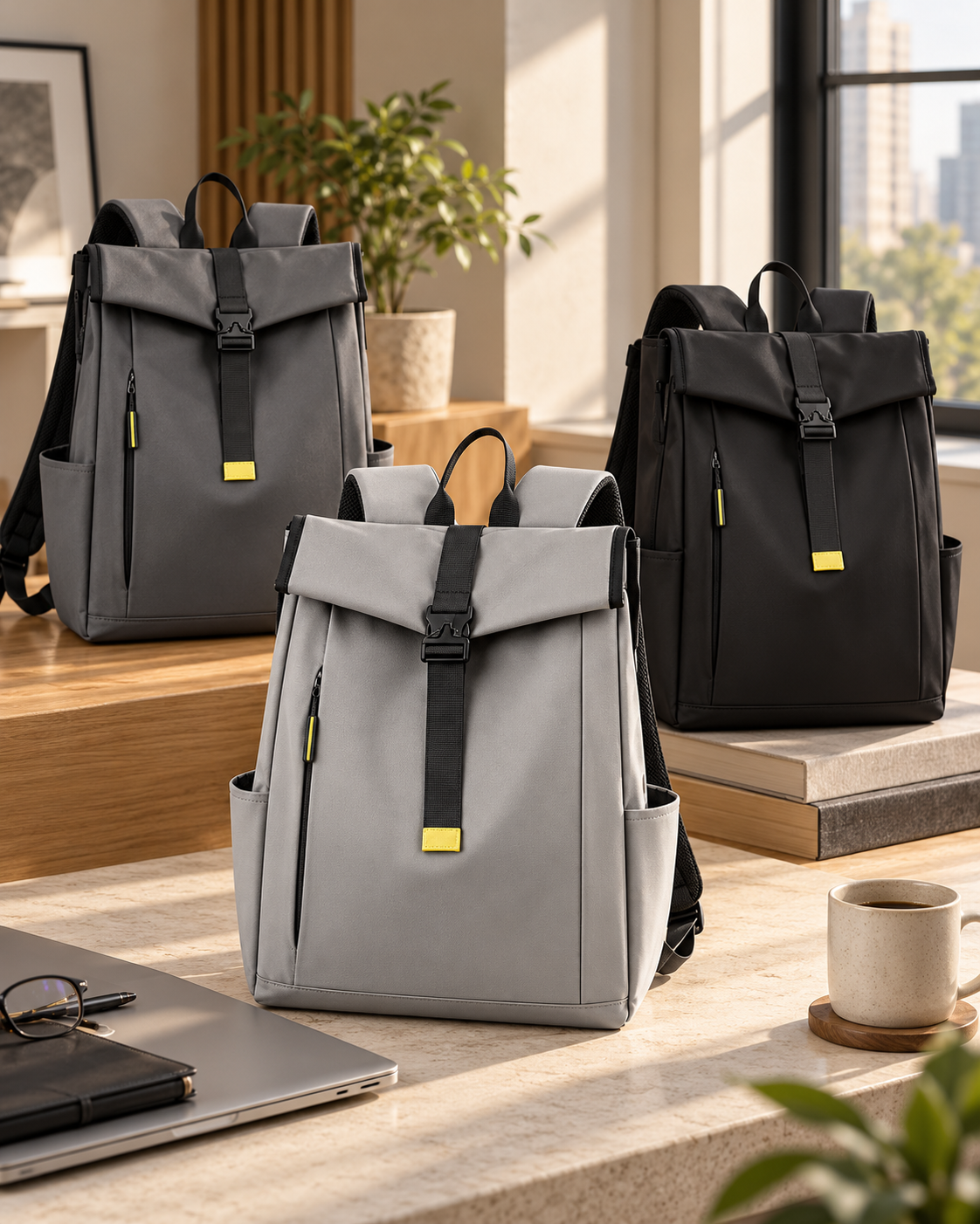 Three backpacks with flap openings, two gray and one black, placed on a kitchen island with a laptop, glasses, pen, notebook, and coffee mug nearby.