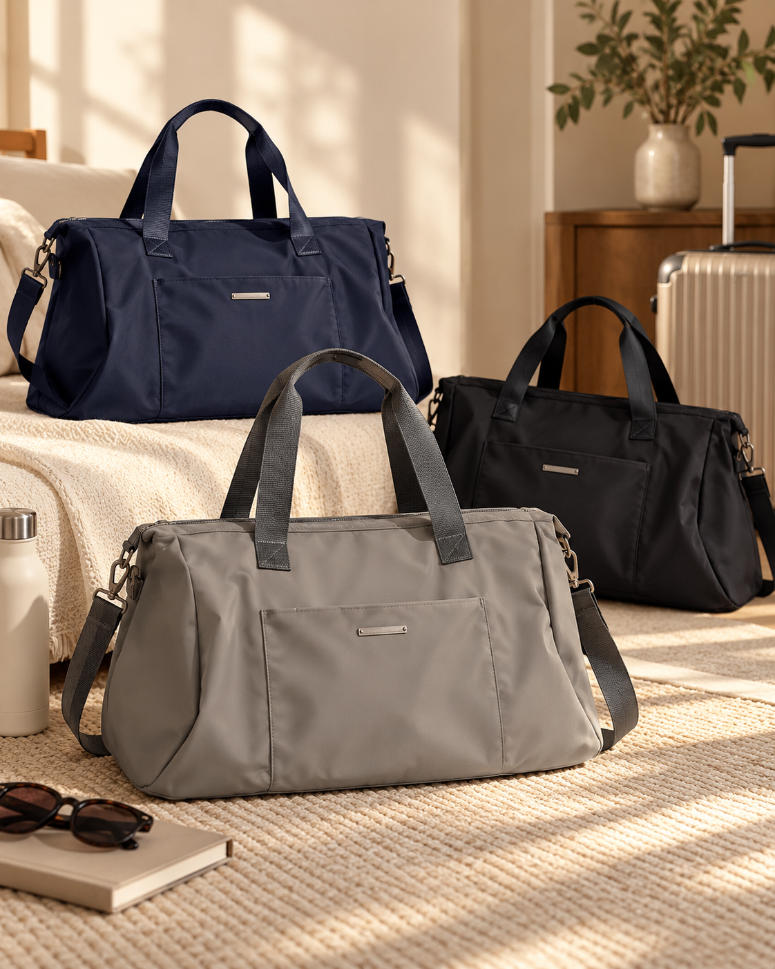 Three handcarry bags in navy blue, black, and gray are arranged on a beige textured rug near a sofa, with a book, sunglasses, a water bottle, and a suitcase in the background in a cozy room with warm lighting.
