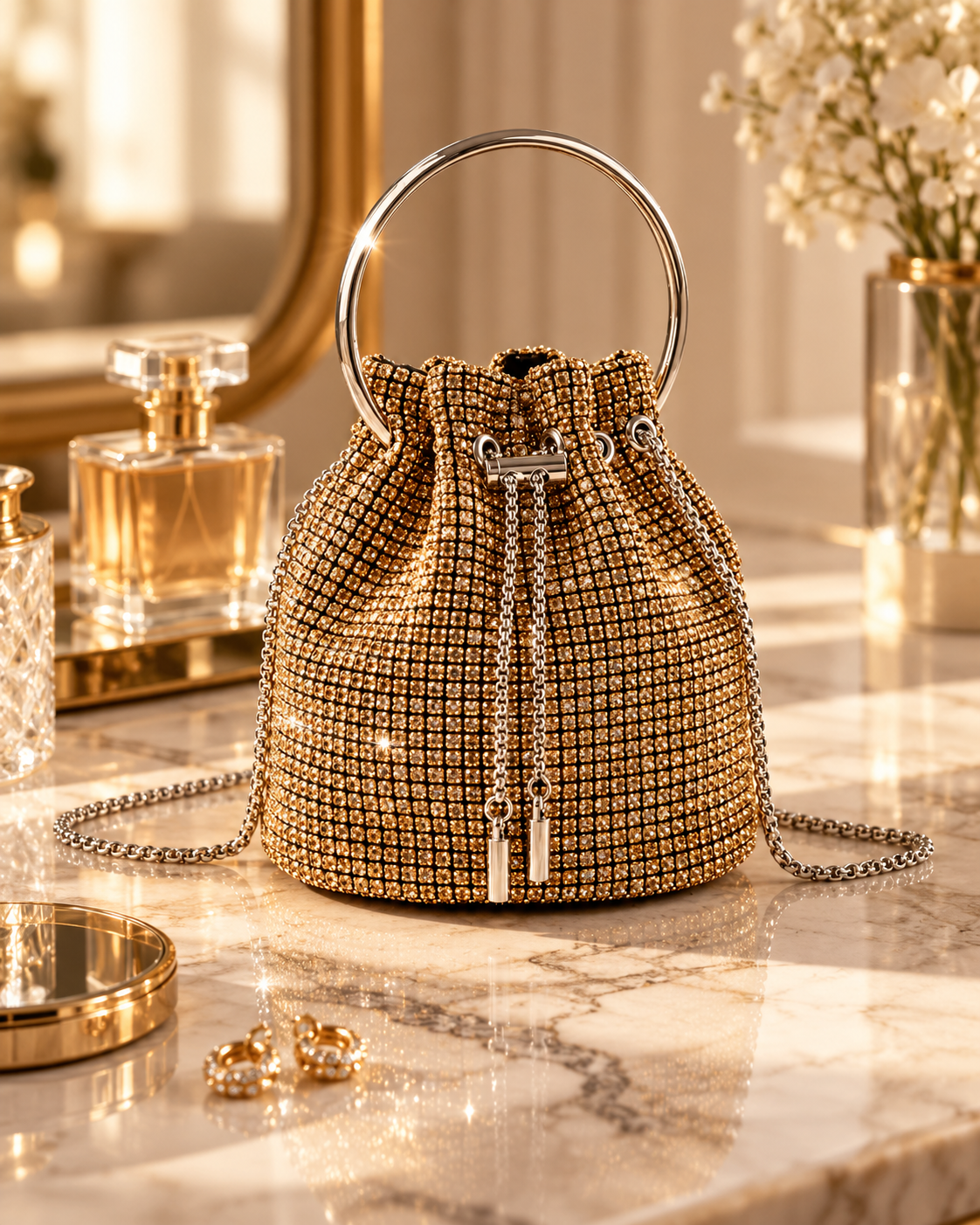 A gold, rhinestone-encrusted handbag with a silver handle and chain handles on a marble surface, surrounded by perfume bottles, earrings, and a mirror, with a vase of white flowers in the background.