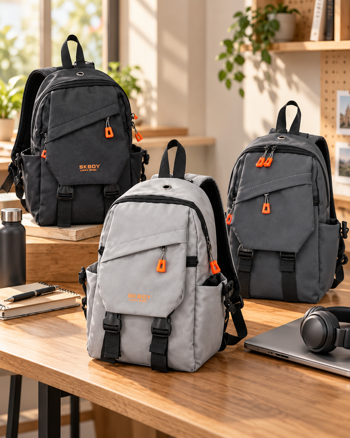 Three backpacks, two black and one grey, with orange zipper pulls and branding, arranged on a wooden table in a bright room with plants and photo prints on the wall.