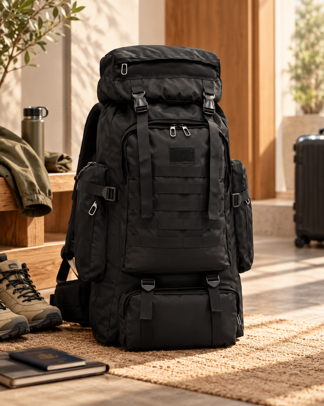 A large black hiking backpack with multiple compartments placed on a beige rug in an indoor setting with wooden furniture and a suitcase in the background.