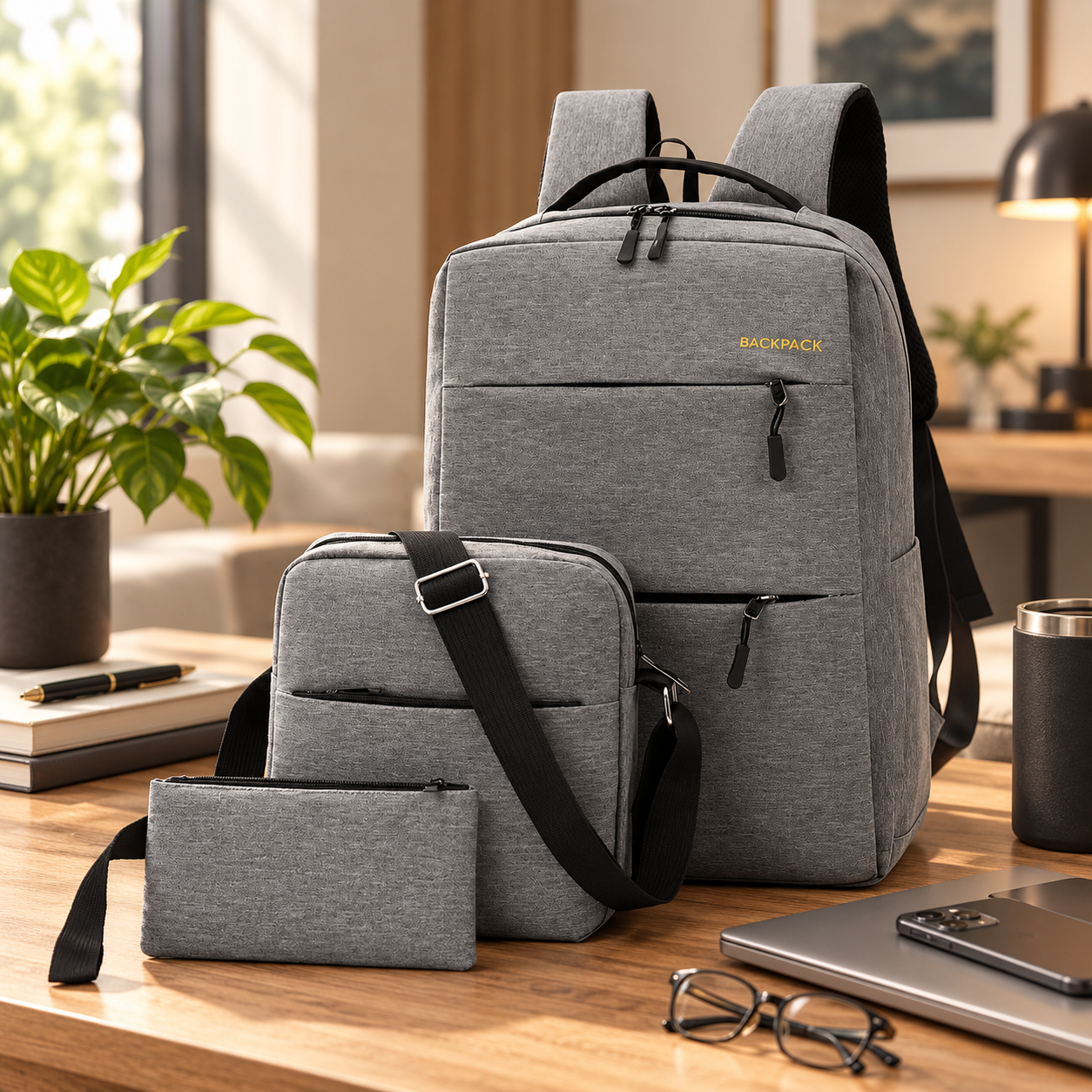 A set of three gray backpacks with 2 front zippers and crossbody bags on a wooden table in a home office setting, with a laptop, glasses, a pen, a notebook, a plant, and other office supplies nearby.