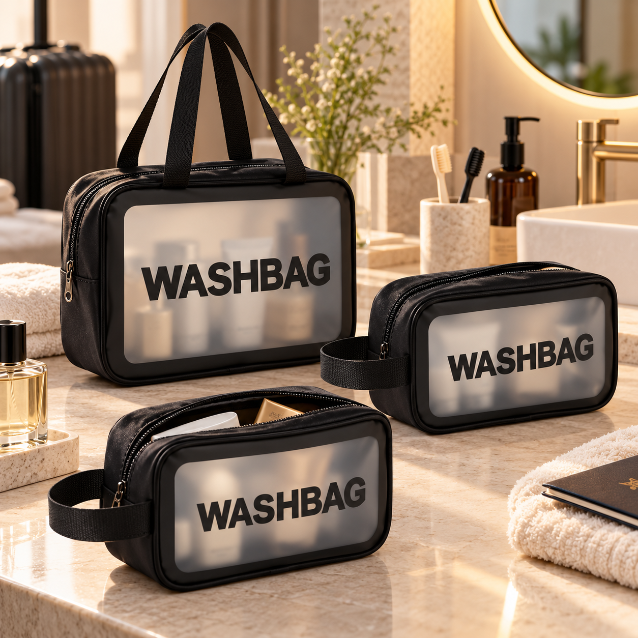 Three black washbags with clear panels labeled 'WASHBAG' on a bathroom countertop, alongside toiletry items, a towel, and toothbrush holders.