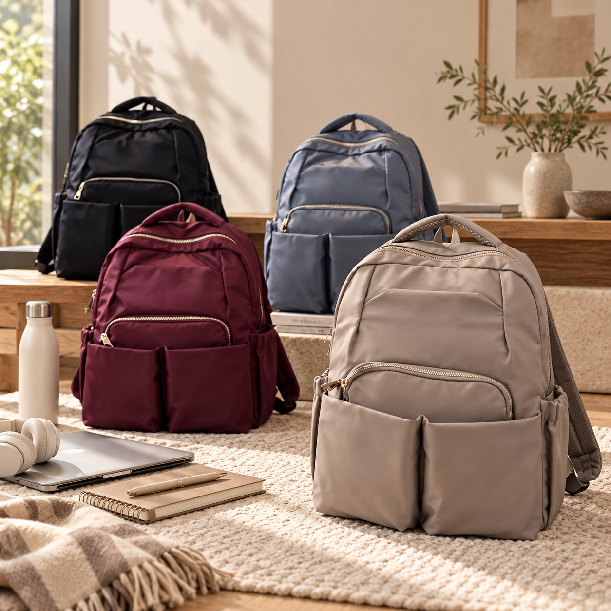 Four backpacks with multiple front and side compartments in black, blue, burgundy, and gray displayed on a table, with a laptop, headphones, notebooks, a water bottle, and a pen nearby in a cozy room with sunlight and decorative plants.