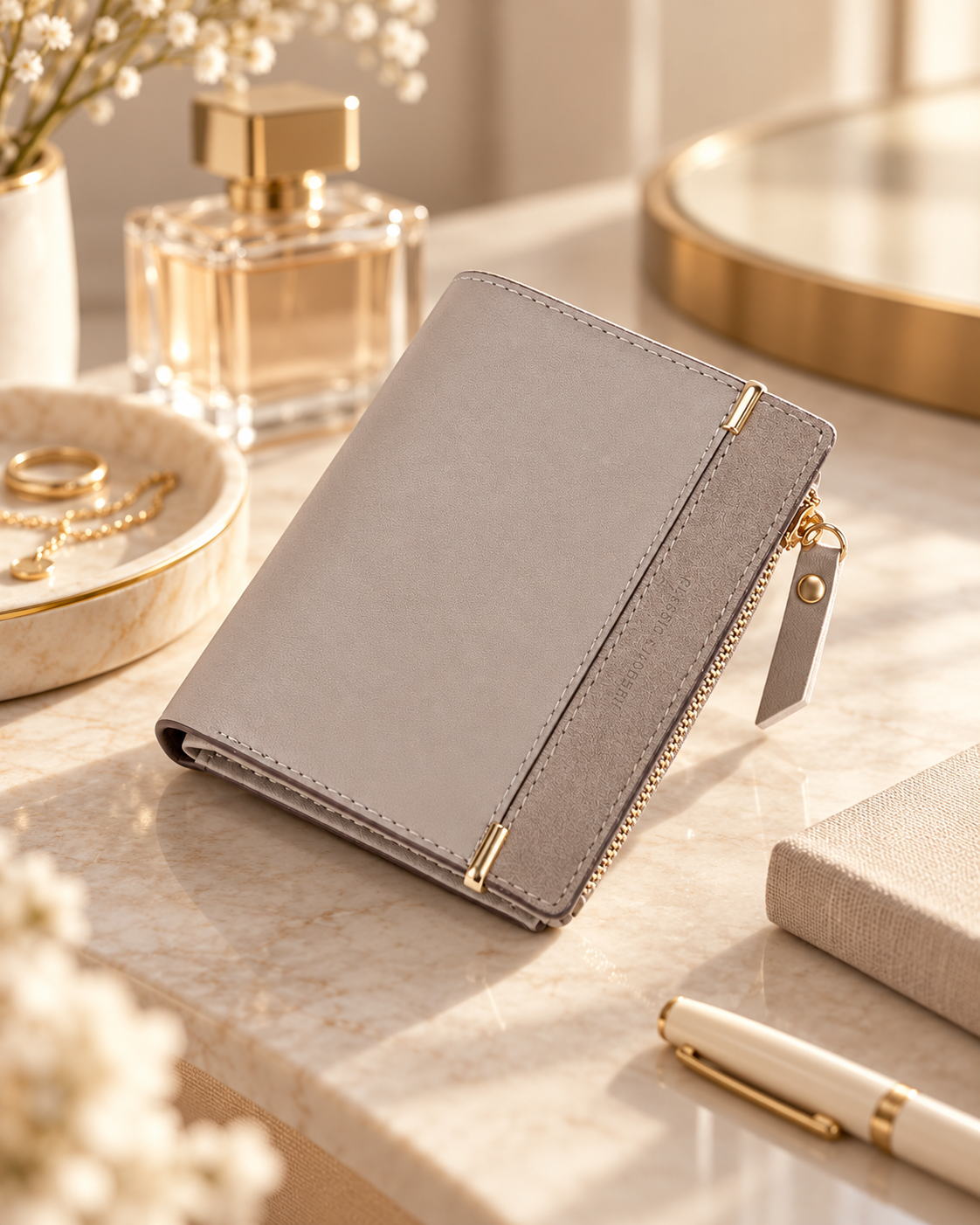 A gray and beige leather multi-use wallet with gold accents on a marble surface.