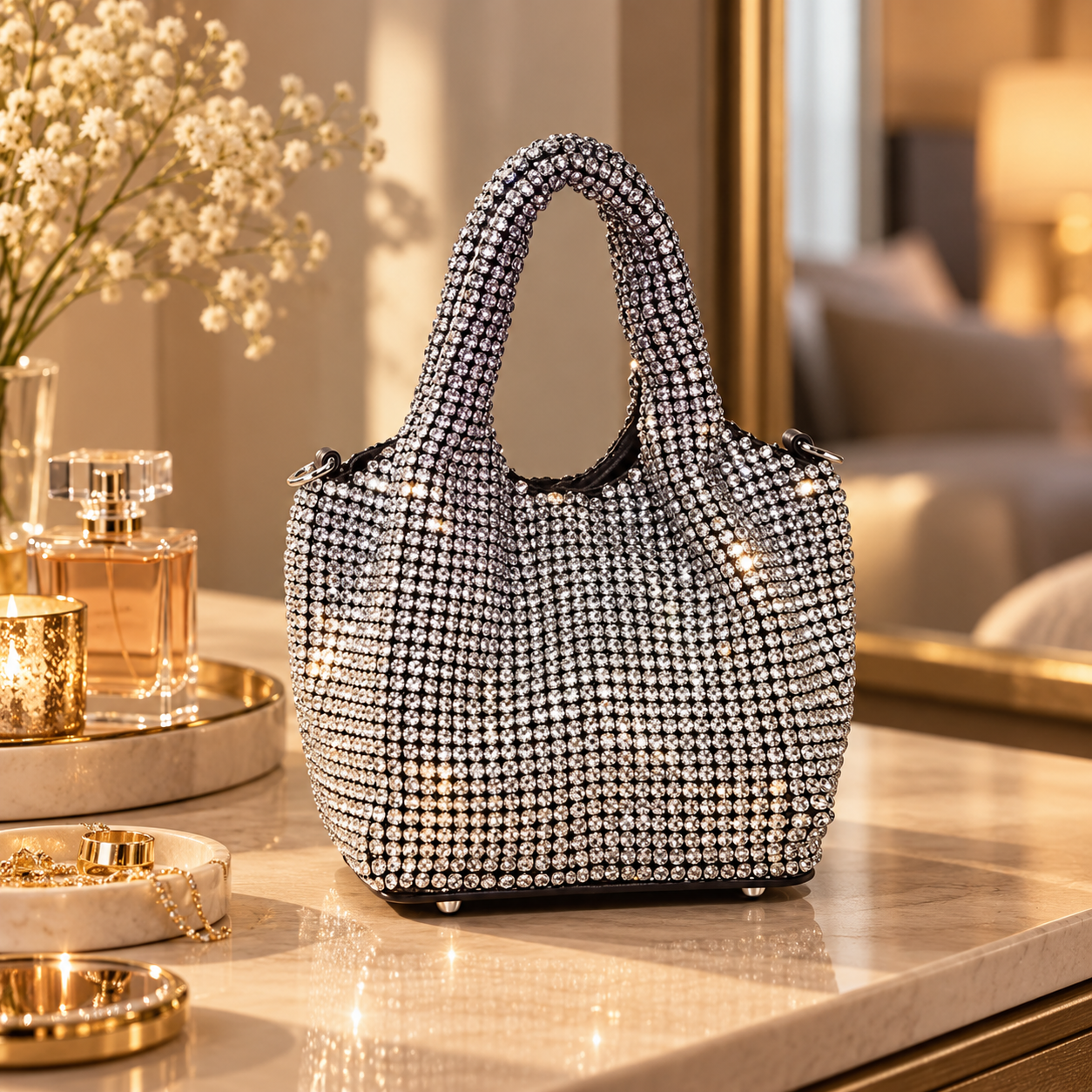 A handbag covered in sparkling rhinestones on a marble table, with jewelry and candles nearby in a luxurious living room setting.