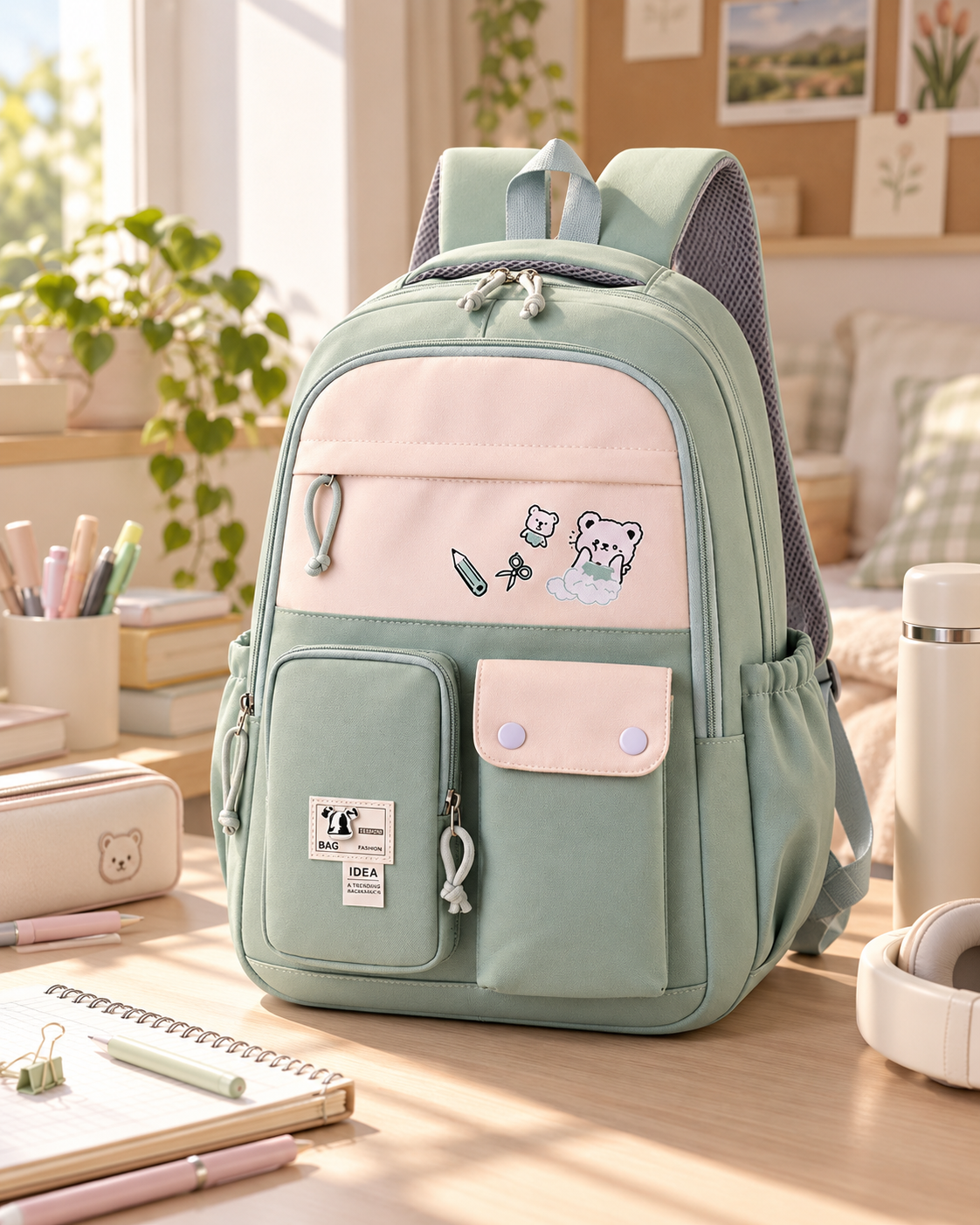 A pastel green and pink backpack with bear-themed patches and 3 front zipper separate compartments, placed on a desk with notebooks, pens, and a pencil case.