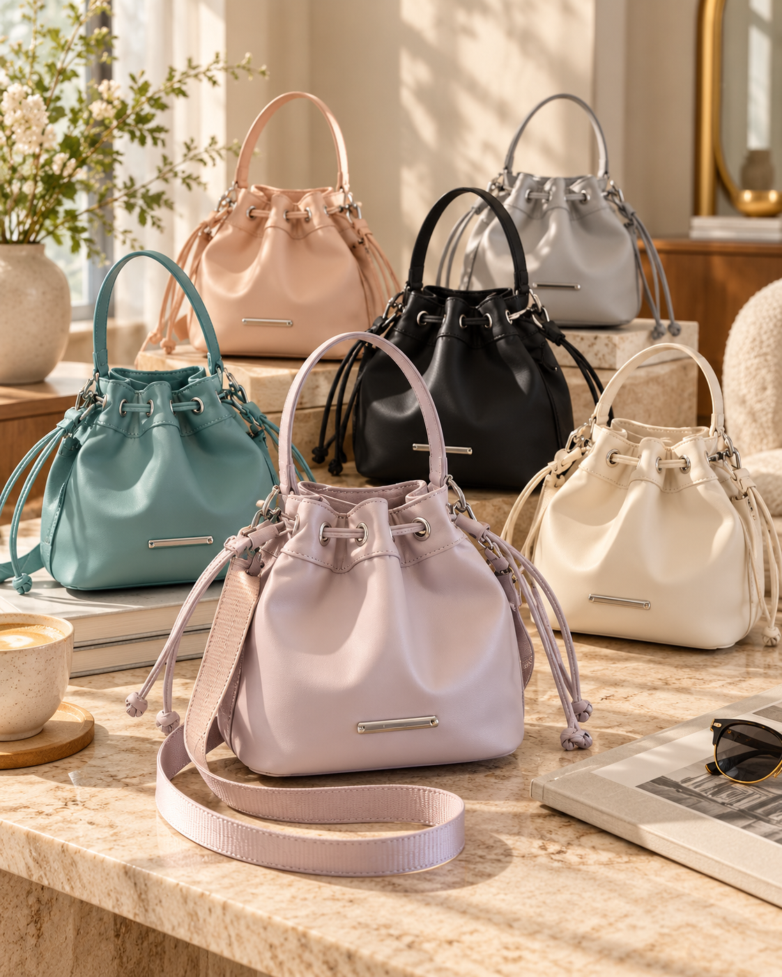 Six pastel-colored handbags with clean straps arranged on a marble countertop with a beige and white background, alongside a cup of coffee, sunglasses, a notebook, and a plant in a vase.