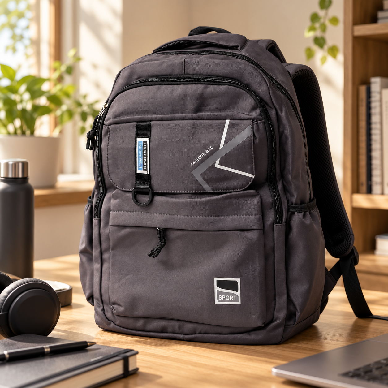 Gray backpack with multiple compartments and zippers on a wooden desk, near a notebook, headphones, water bottle, and laptop in a home office setting with a window and bookshelf in the background.