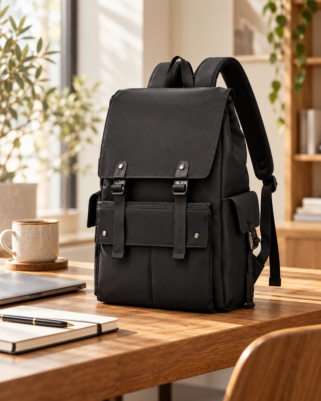 Black backpack with flap opening and front separate compartment on a wooden table in a room with natural light, a coffee mug, notebook, pen, and a laptop.