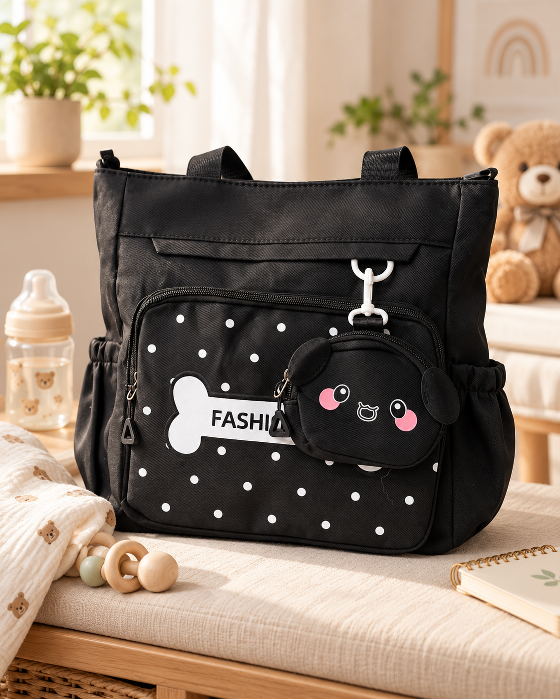 Black changing bag with polka dots, a small animal face coin purse, and baby accessories on a changing table in a nursery
