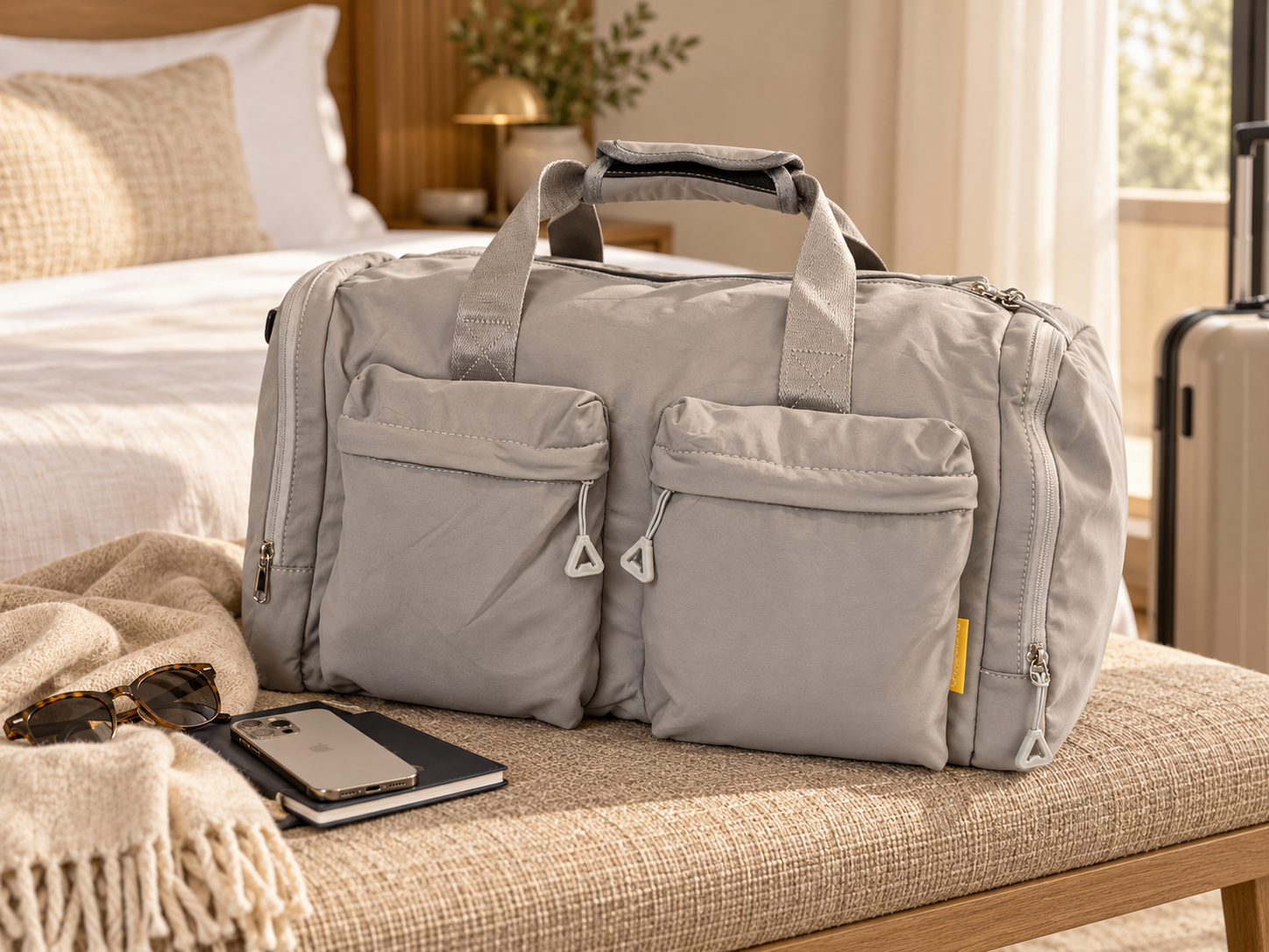 Gray duffel bag with front pockets on a bed with sunglasses, a smartphone, and a notebook.