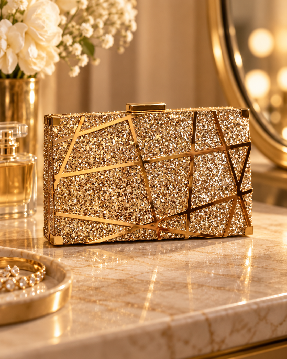 A glittery gold clutch purse with geometric patterns sits on a marble surface in front of a round mirror, with flowers and vanity items in the background.