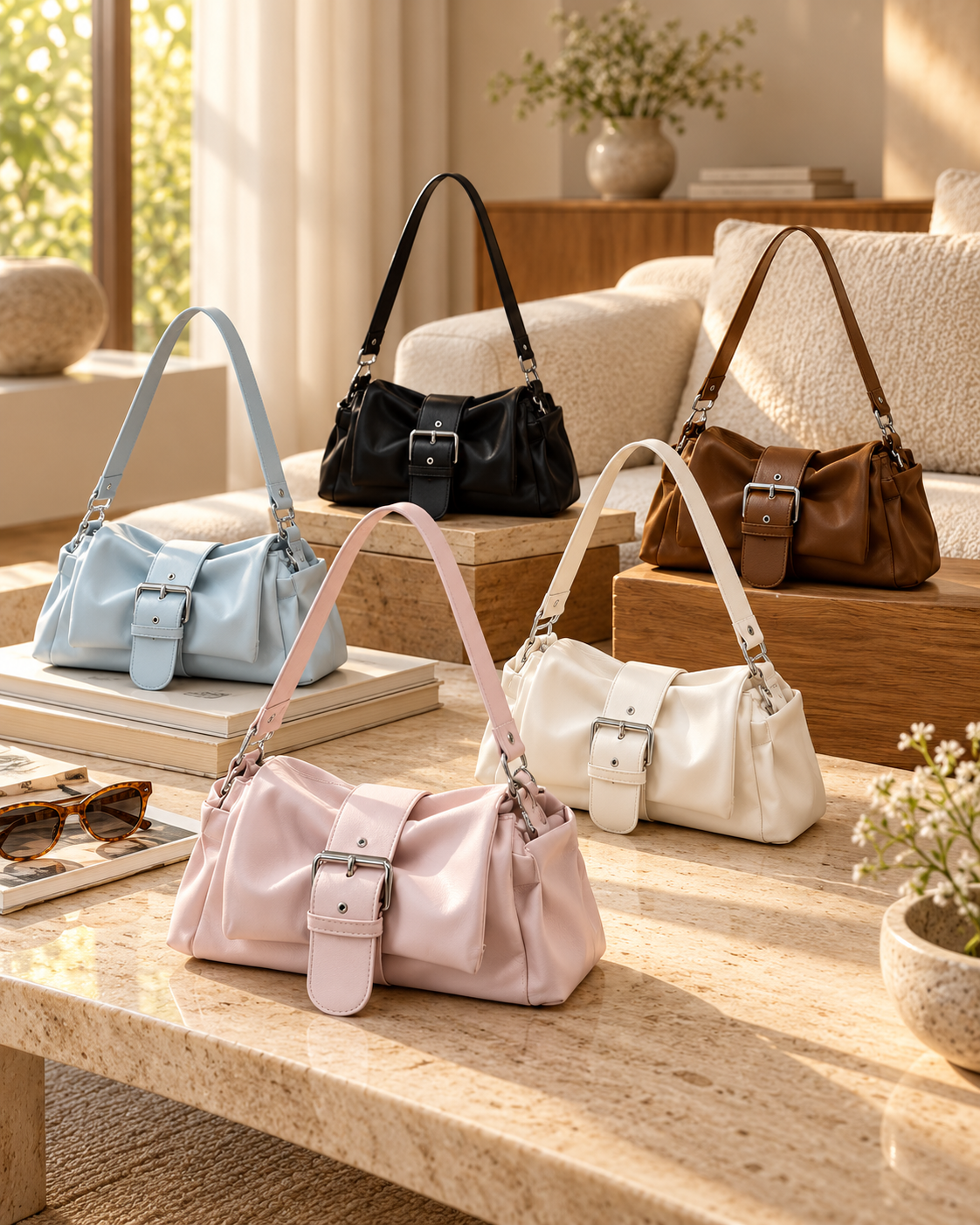 Display of five handbags in pastel, black, and brown colors on a marble table with sunglasses and magazines, in a well-lit, cozy room with a sofa and decorative vases.