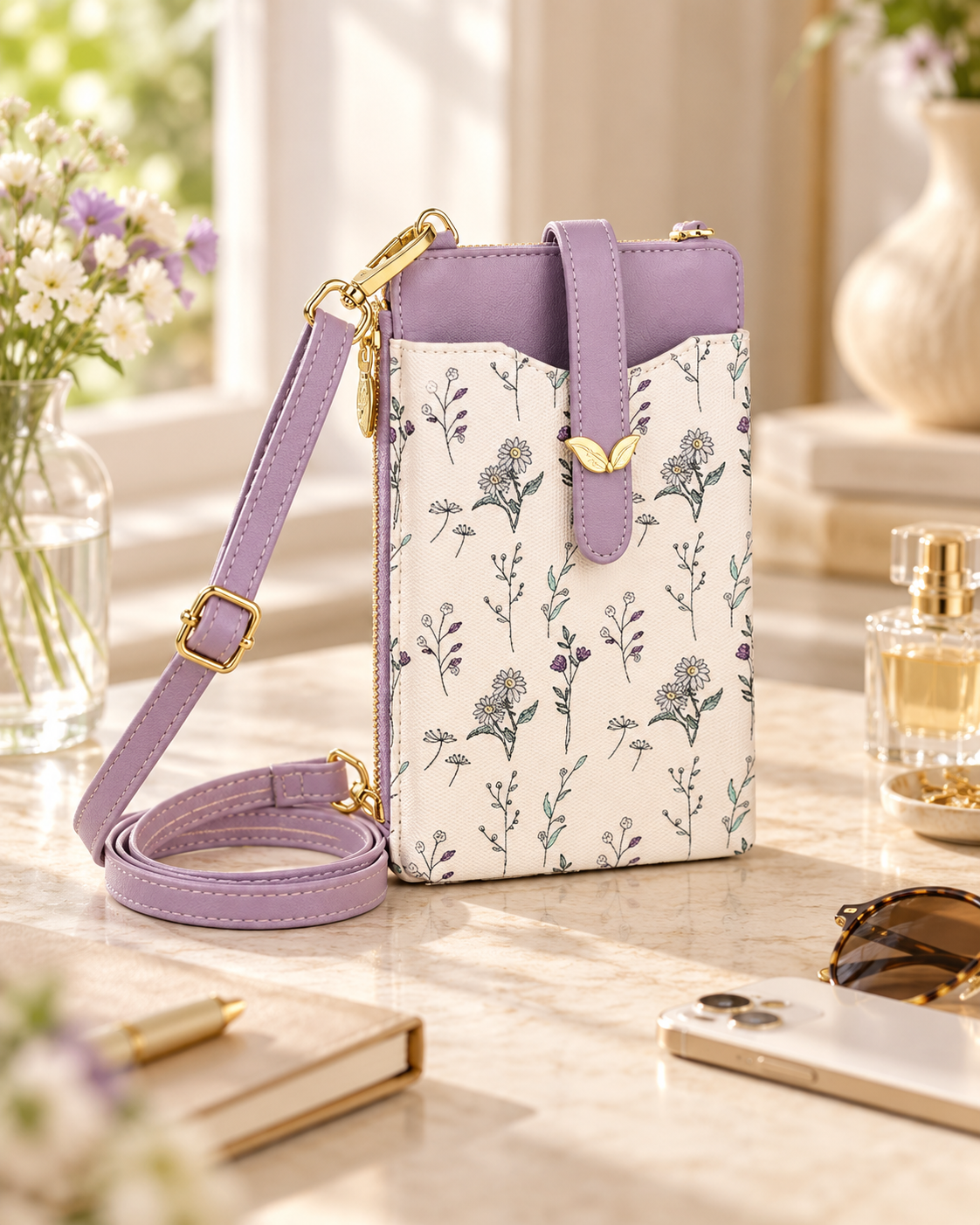 A floral-designed phone bag with purple accents and a strap, placed on a marble surface.
