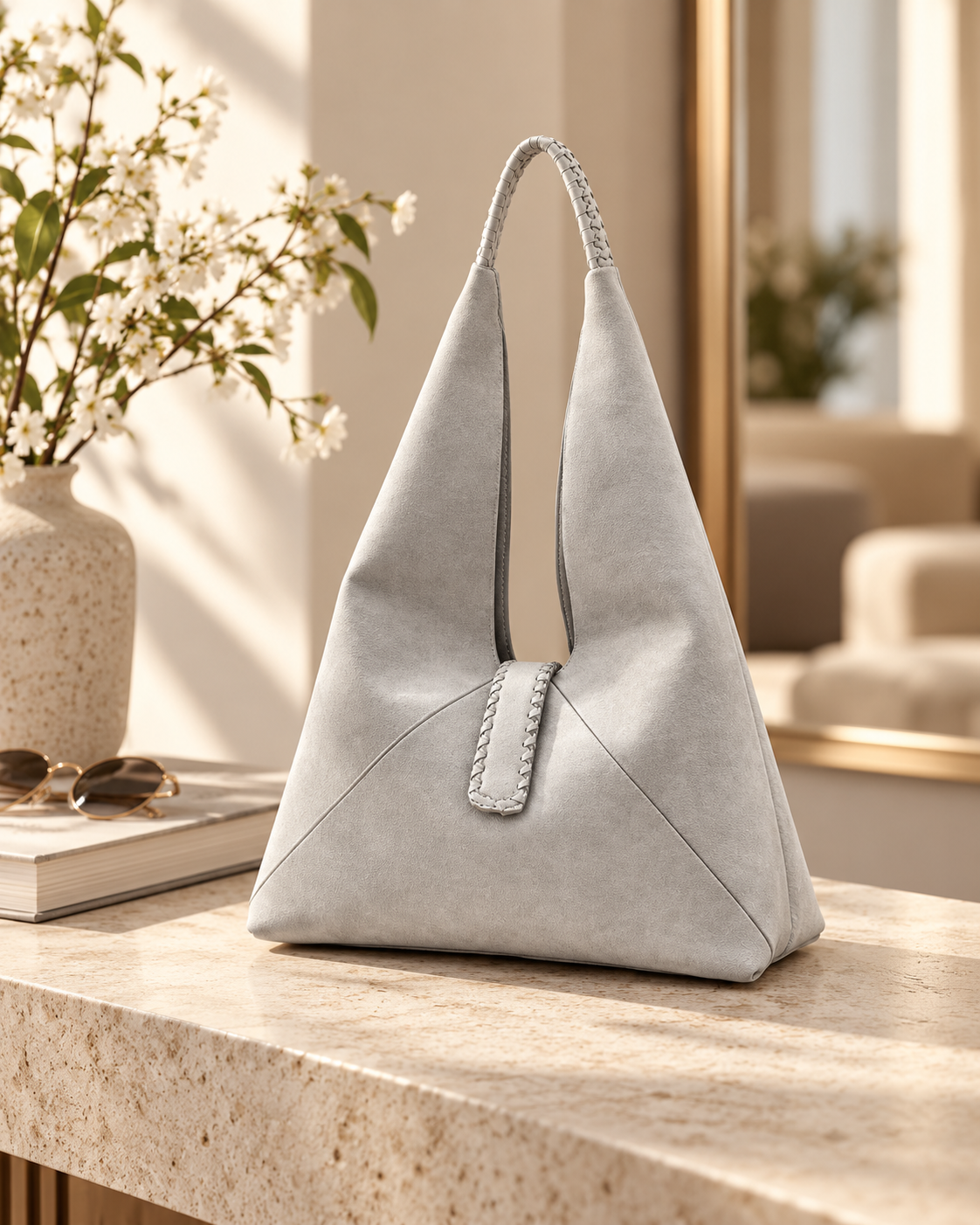 A light gray handbag with a woven handle and a decorative strap, placed on a beige marble countertop near a pair of sunglasses and a book. A vase with white flowers is in the background.