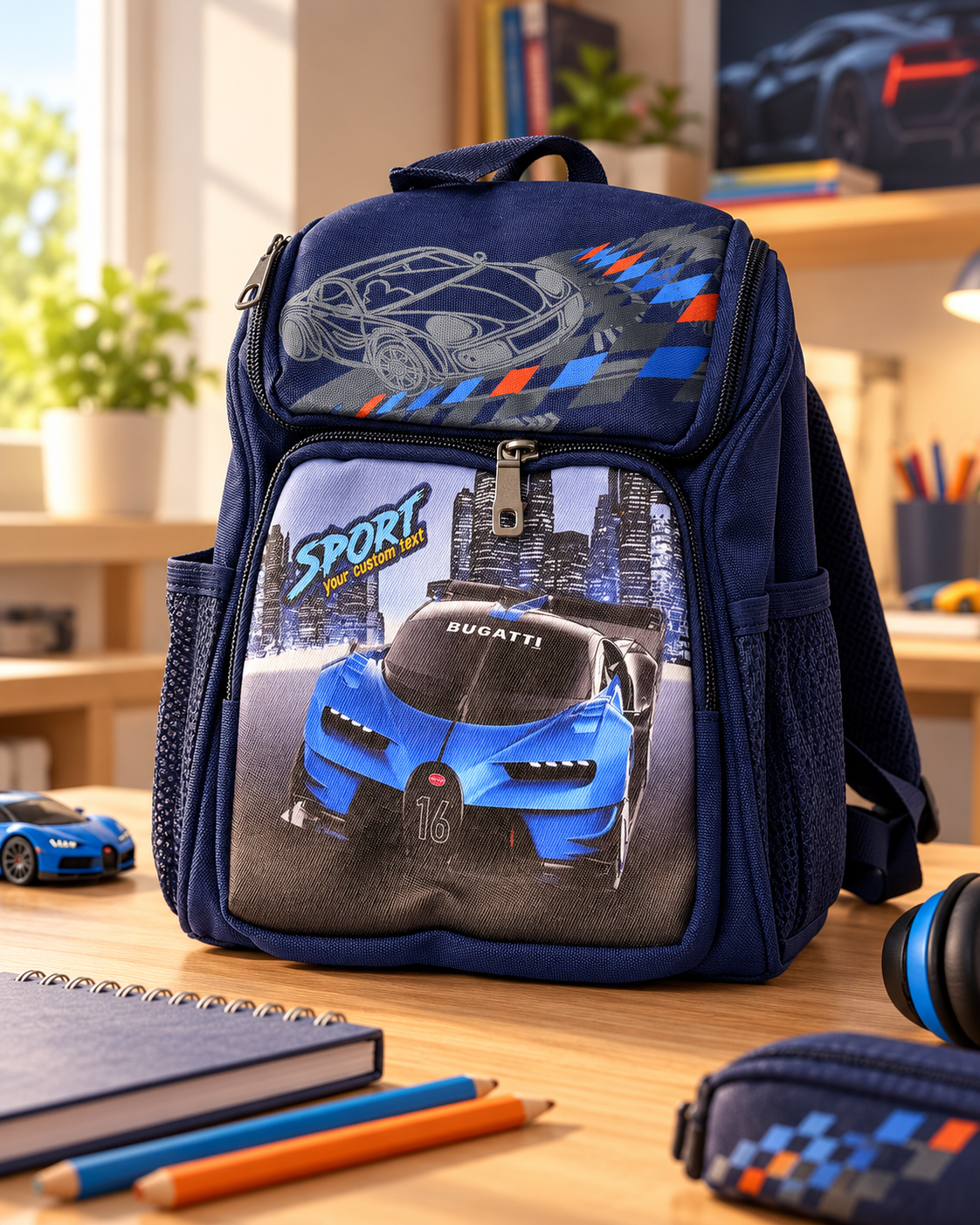 Blue backpack with car racing images and words, a small toy car, a pencil case, notebooks, and pens on a wooden desk in a room with a window and bookshelves.