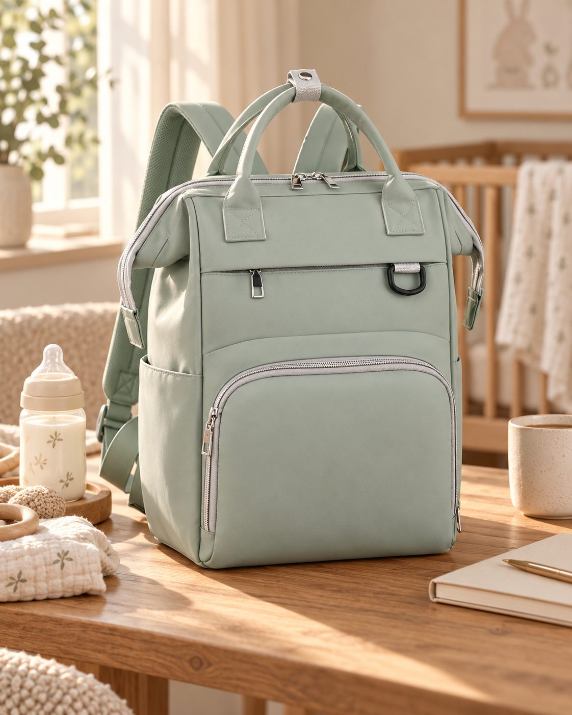 A pastel green backpack with multiple pockets and zippers on a wooden table, with a baby bottle, a notebook, and a mug nearby, in a cozy kitchen or dining area.