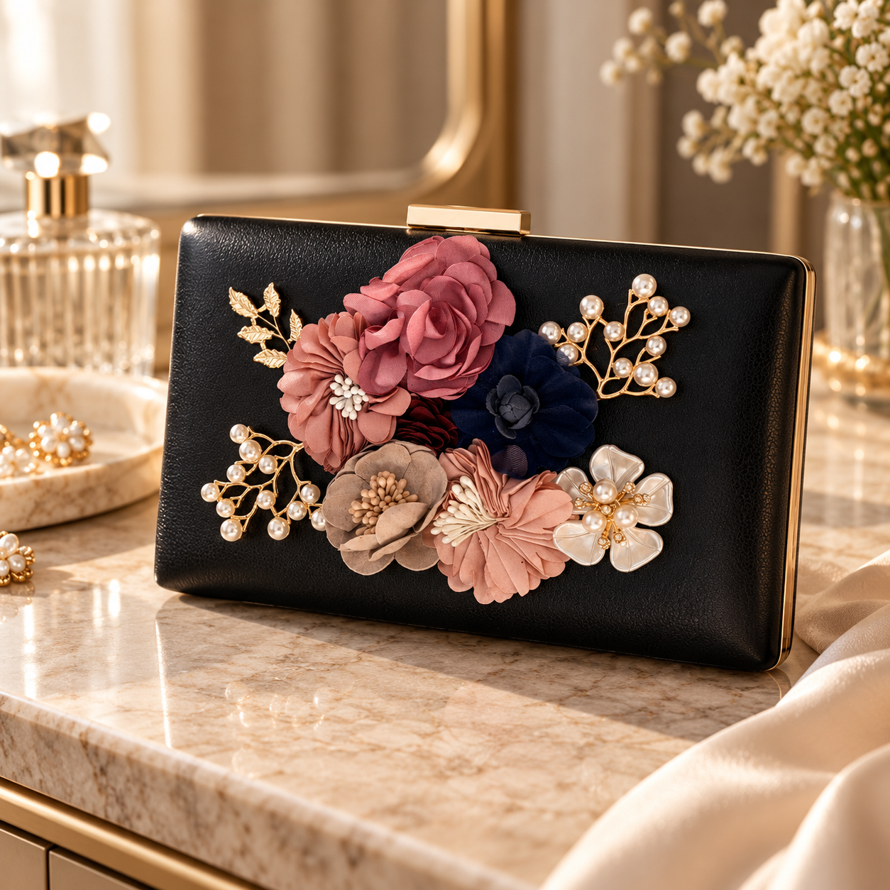 Black clutch purse adorned with fabric flowers and pearl embellishments, sitting on a marble countertop with jewelry and a flowered vase in the background.