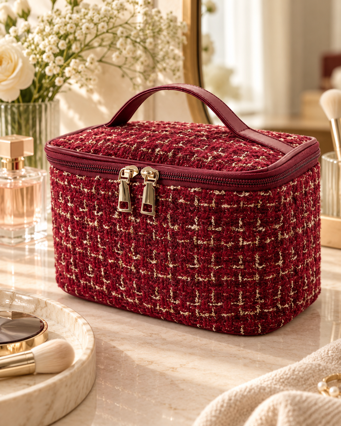 A red woven fabric makeup bag with gold hardware and a handle, placed on a marble vanity table.