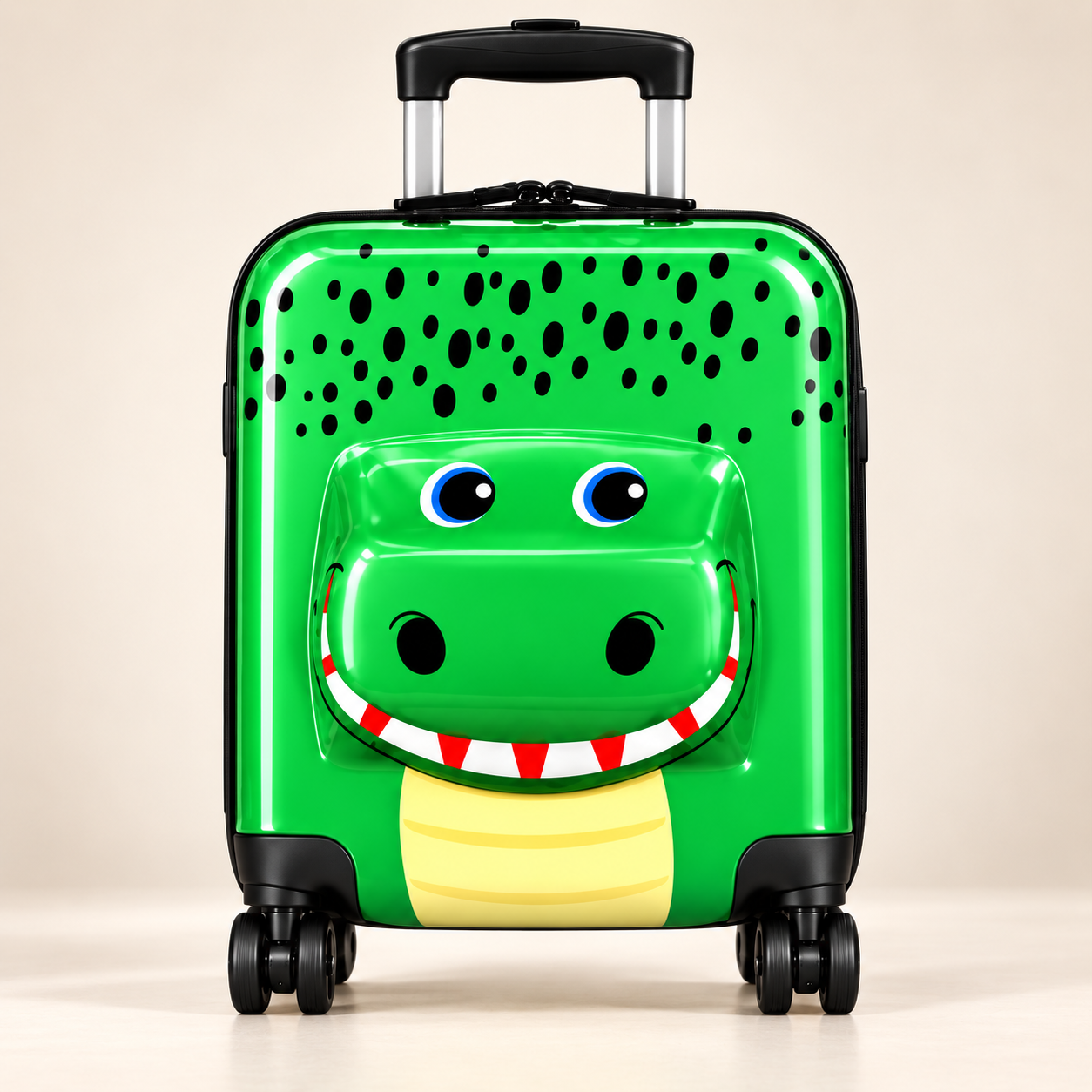 Luggage with a cartoon crocodile face design, featuring big eyes, a wide smiling mouth, and a green and yellow body, on a white background.
