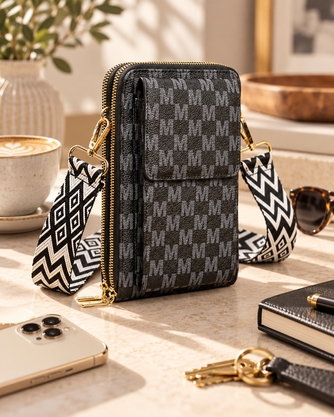 A designer handbag with a black and gray pattern and gold zippers on a beige marble table.