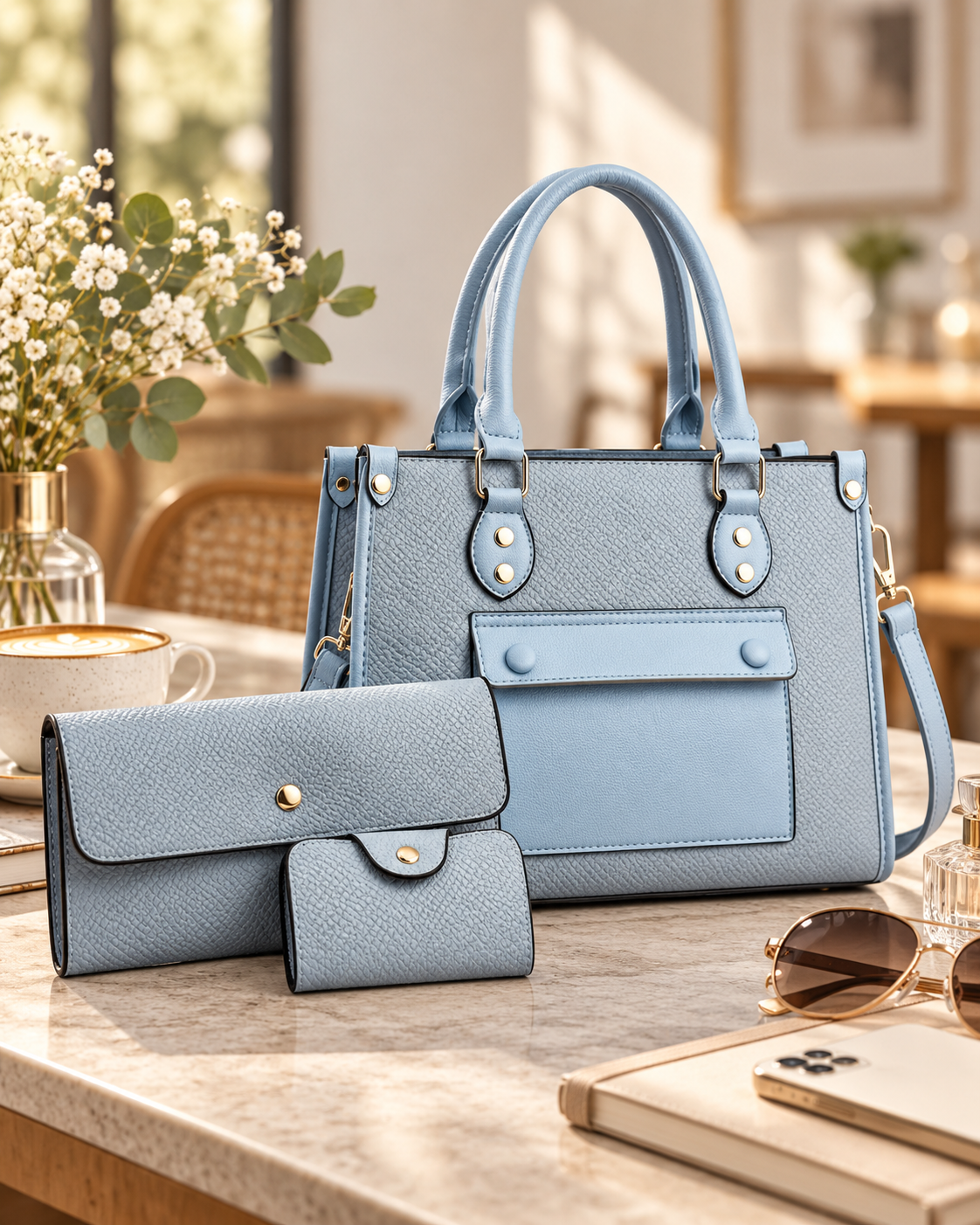 Light blue handbag with matching wallet and small pouch on a kitchen table, with sunglasses, a Smartphone, and a notebook nearby, in a well-lit room.