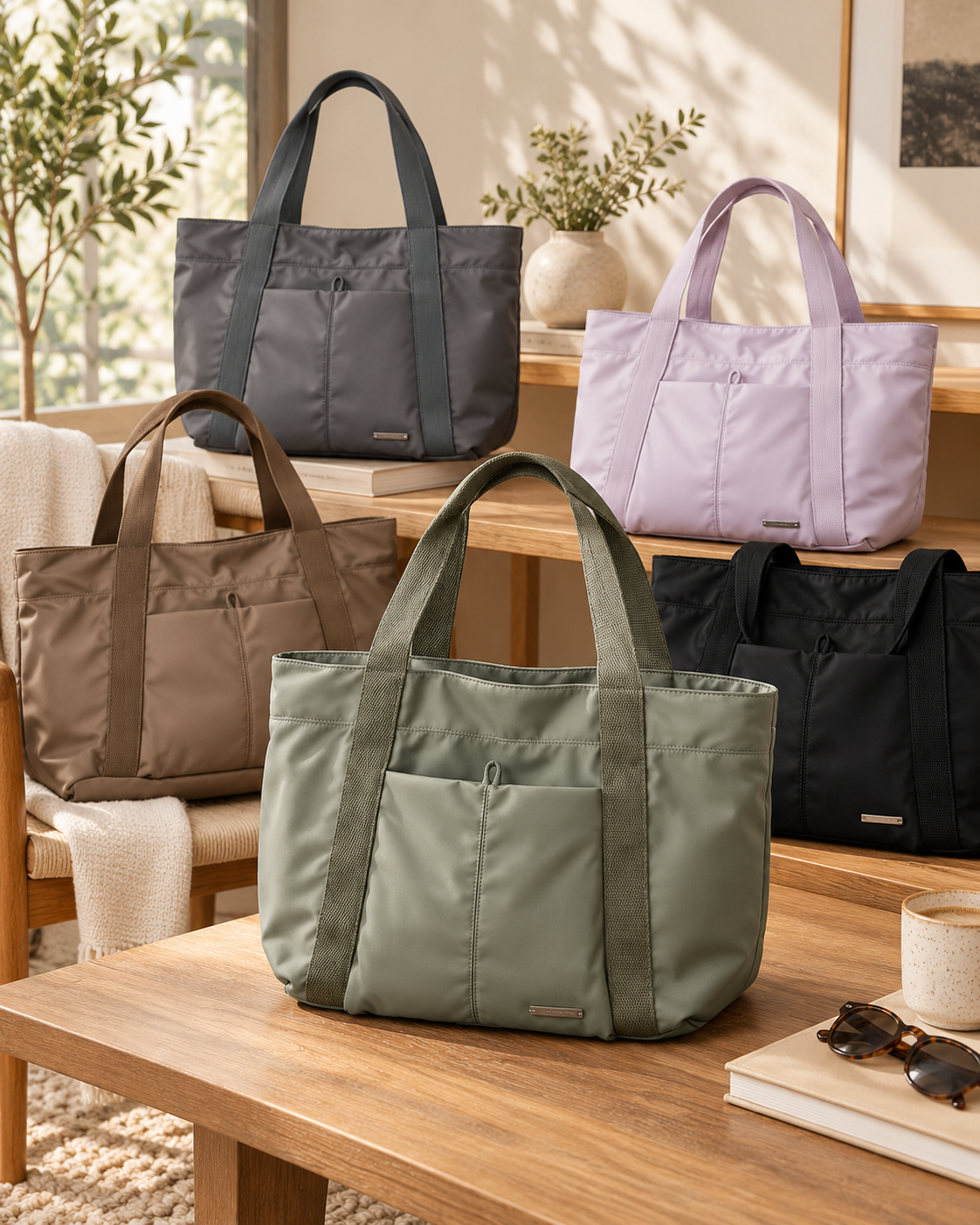 Several colorful tote bags on wooden furniture in a cozy room with natural light, potted plant, glasses, and a coffee cup.