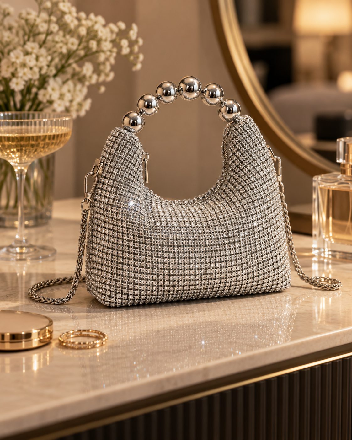 A silver, rhinestone-encrusted handbag with a beaded handle sits on a marble tabletop, surrounded by a glass of champagne with a flower bouquet, gold jewelry, and perfume bottles in the background.