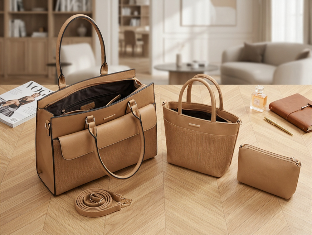 Camel-colored work handbags with separate laptop and organiser compartments on a wooden table in a living room.