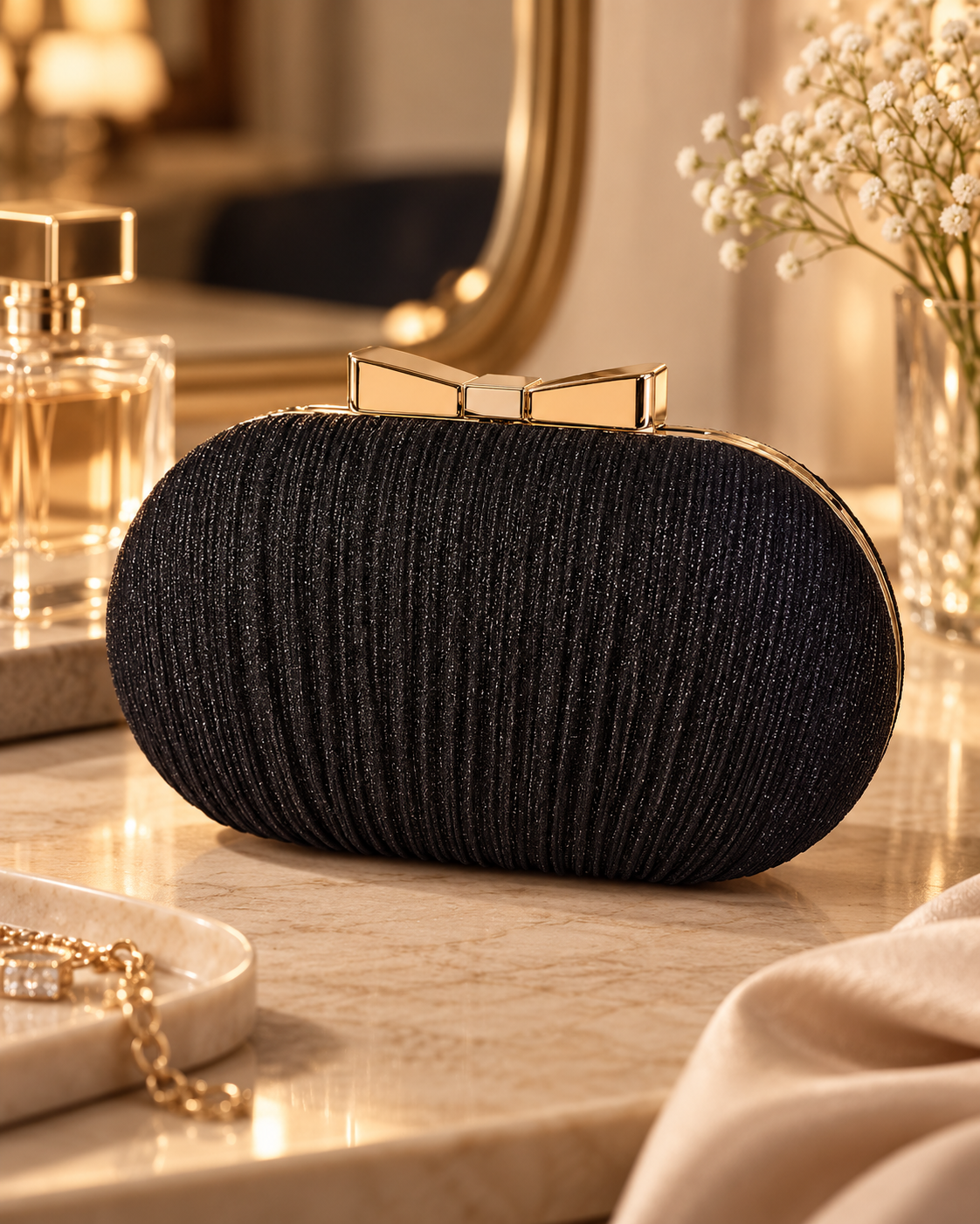 An elegant black clutch purse with a glittery striped pattern, topped with a gold bow-shaped clasp, placed on a marble surface with a perfume bottle, jewelry, and a vase with white flowers in the background.