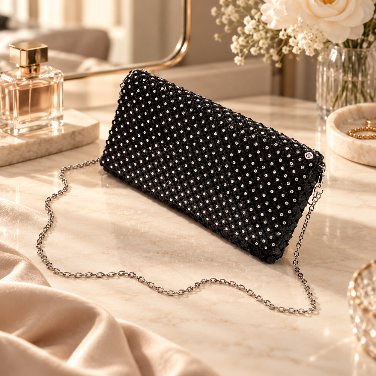 A black clutch purse decorated with numerous clear rhinestones, resting on a marble surface. Nearby are jewelry and a perfume bottle, with a vase of white flowers in the background.