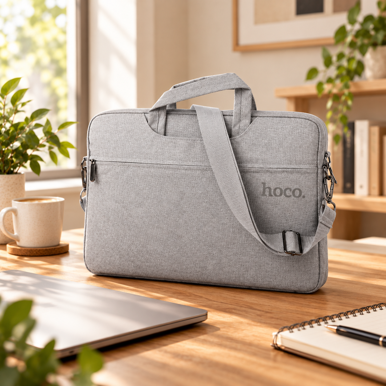 Gray laptop bag on a wooden desk near a window, with a laptop, notebooks, a pen, cups, and plants in the background.