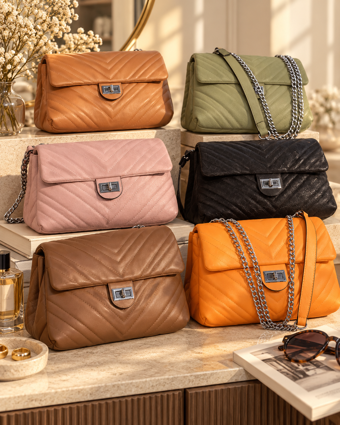Display of six quilted handbags in tan, pink, black, green, and orange on a beige countertop with jewelry, perfume, sunglasses, and a flower bouquet nearby.