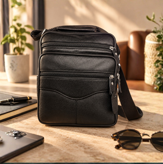 Black leather shoulder bag with several independent zip sections on a wooden table with sunglasses, a notebook, and keys nearby.