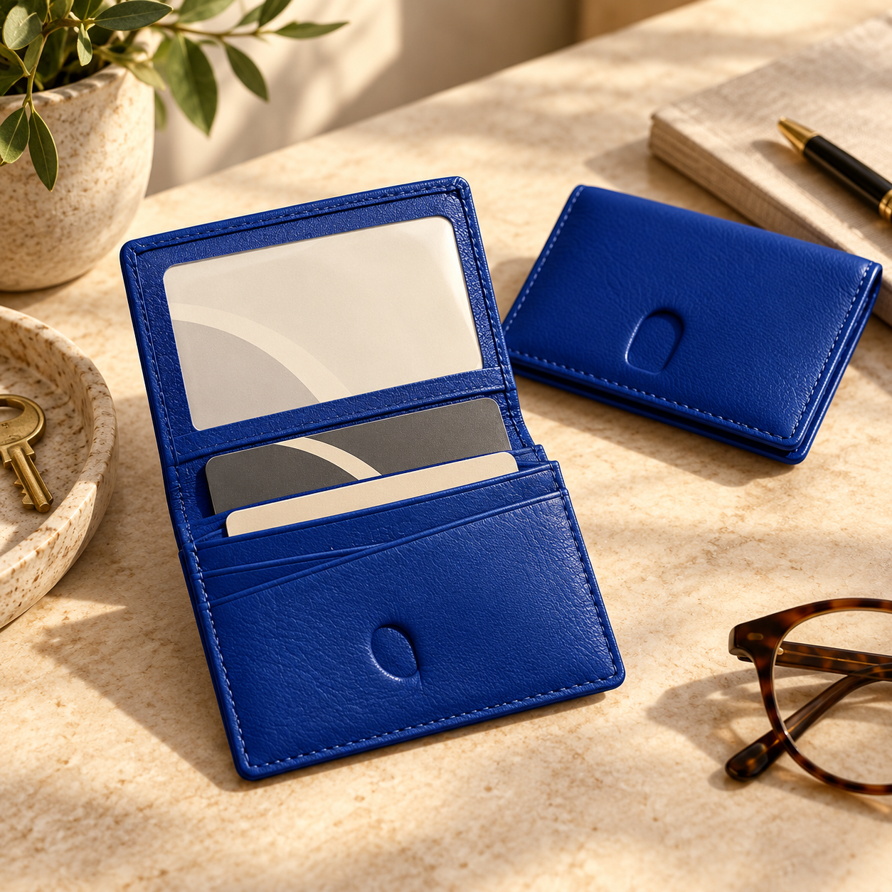 Blue leather wallet and cardholder on a beige marble surface.