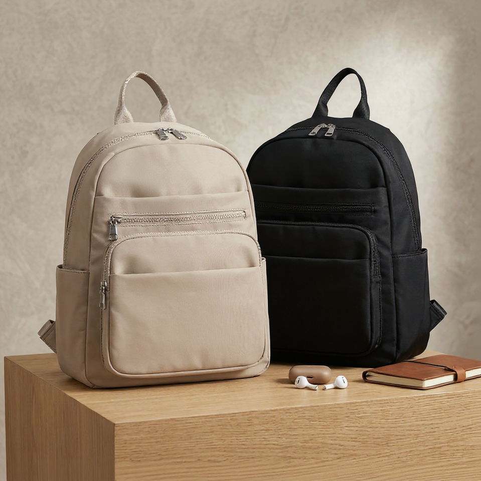 A beige backpack and a black backpack with several front storage pockets on a wooden surface.