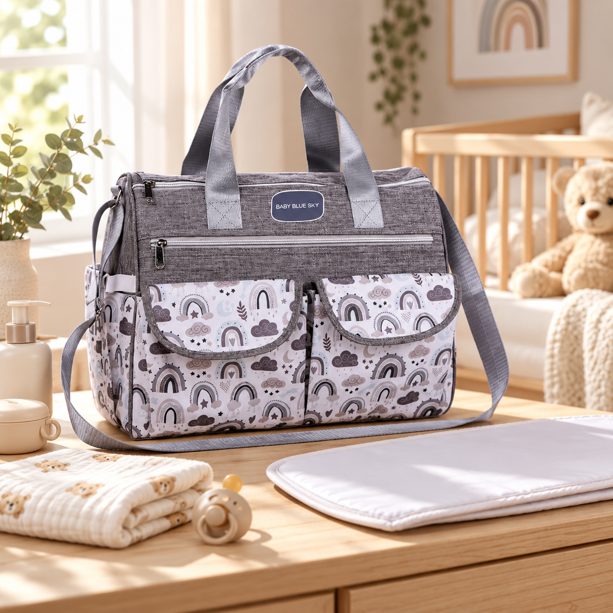 A gray and white diaper bag with rainbow and cloud patterns sits on a wooden changing table in a nursery room, with a plush teddy bear, a pacifier, and baby supplies nearby.