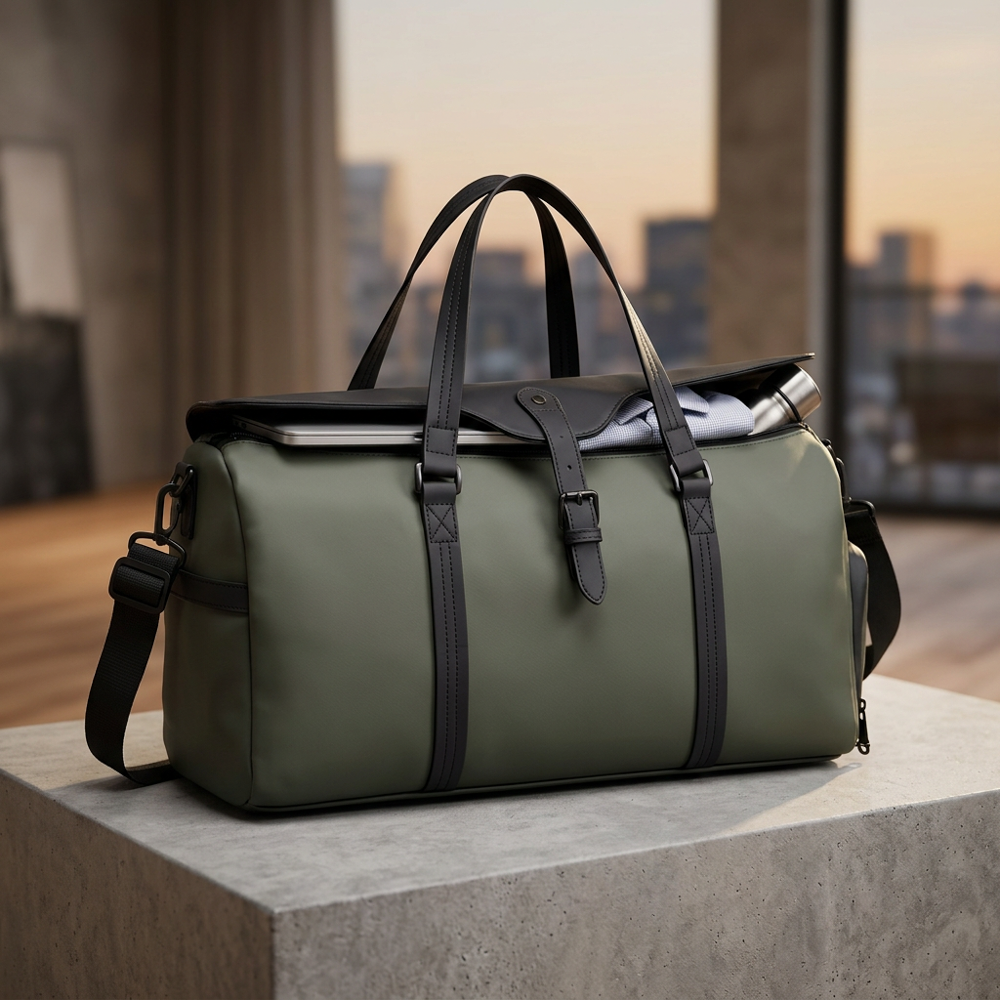 A green and black duffle bag with end pocket and large main section on a concrete table with a city skyline visible through large windows in the background.