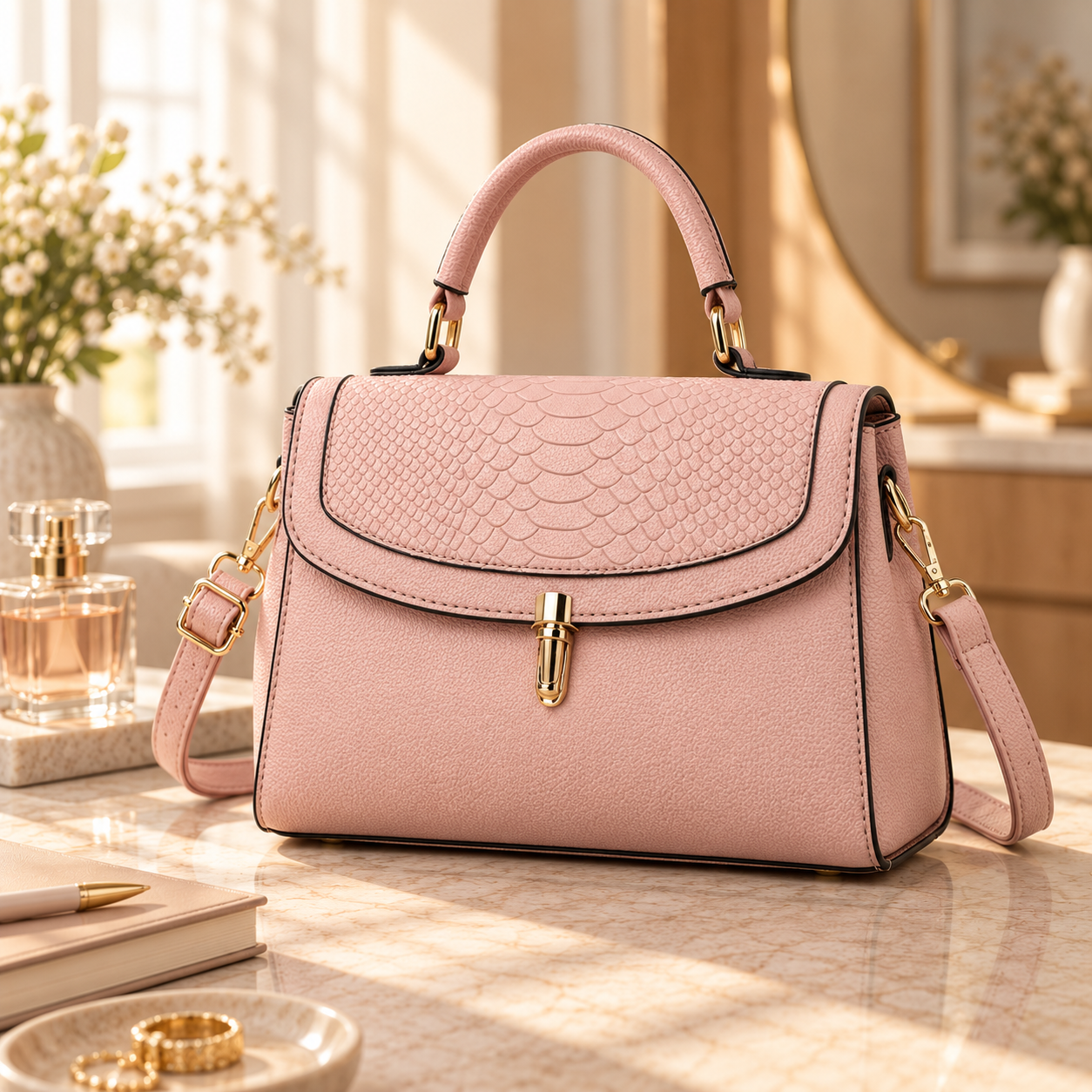 A pink handbag with a textured, scale-like pattern on the flap, gold hardware, and an adjustable shoulder strap, placed on a marble table in a well-lit room.