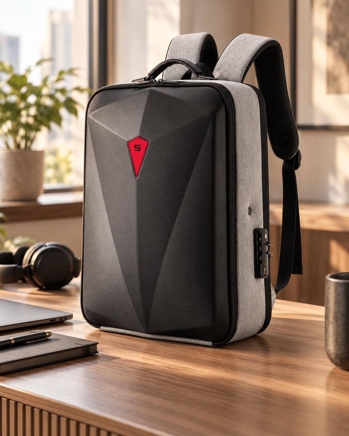 Gray and black laptop backpack with a red logo, placed on a wooden desk with a laptop, notebook, pen, a pair of headphones, and a mug in a bright office space.