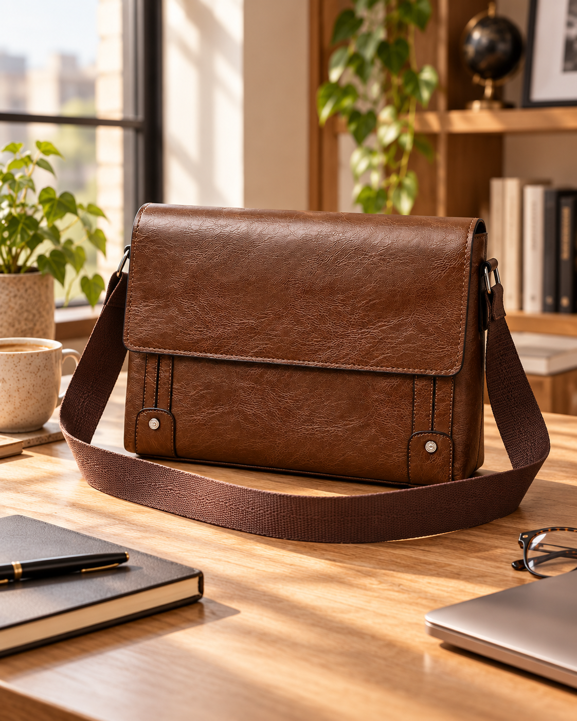 A brown leather messenger bag on a wooden desk, with a laptop, notebook, pen, glasses, potted plant, and coffee cups nearby.
