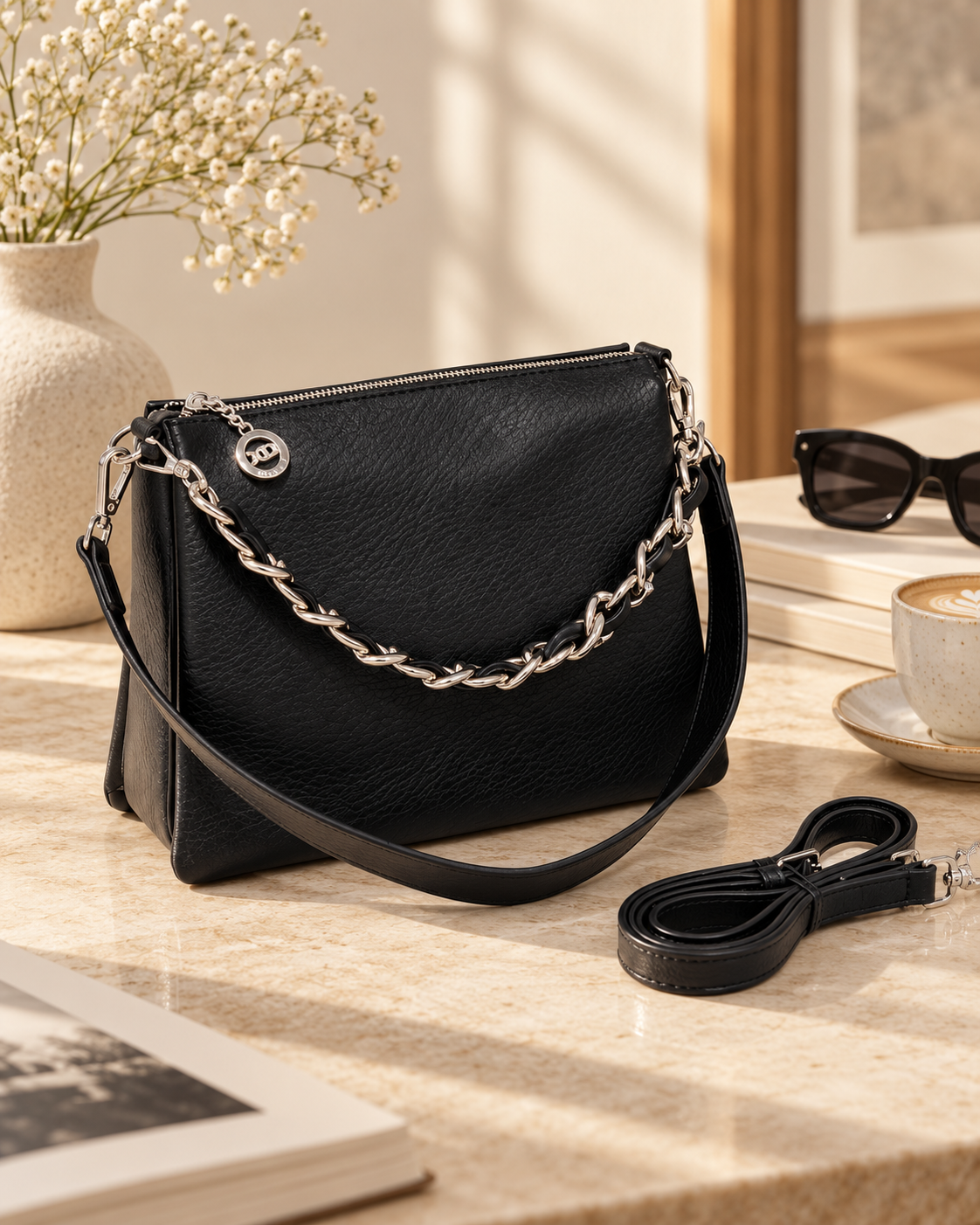 A black leather handbag with a silver chain strap on a marble countertop, next to a pair of sunglasses, a cup of coffee, a coiled black strap, a book, and a flowerpot with white flowers, with a partly visible framed picture and window in the background.