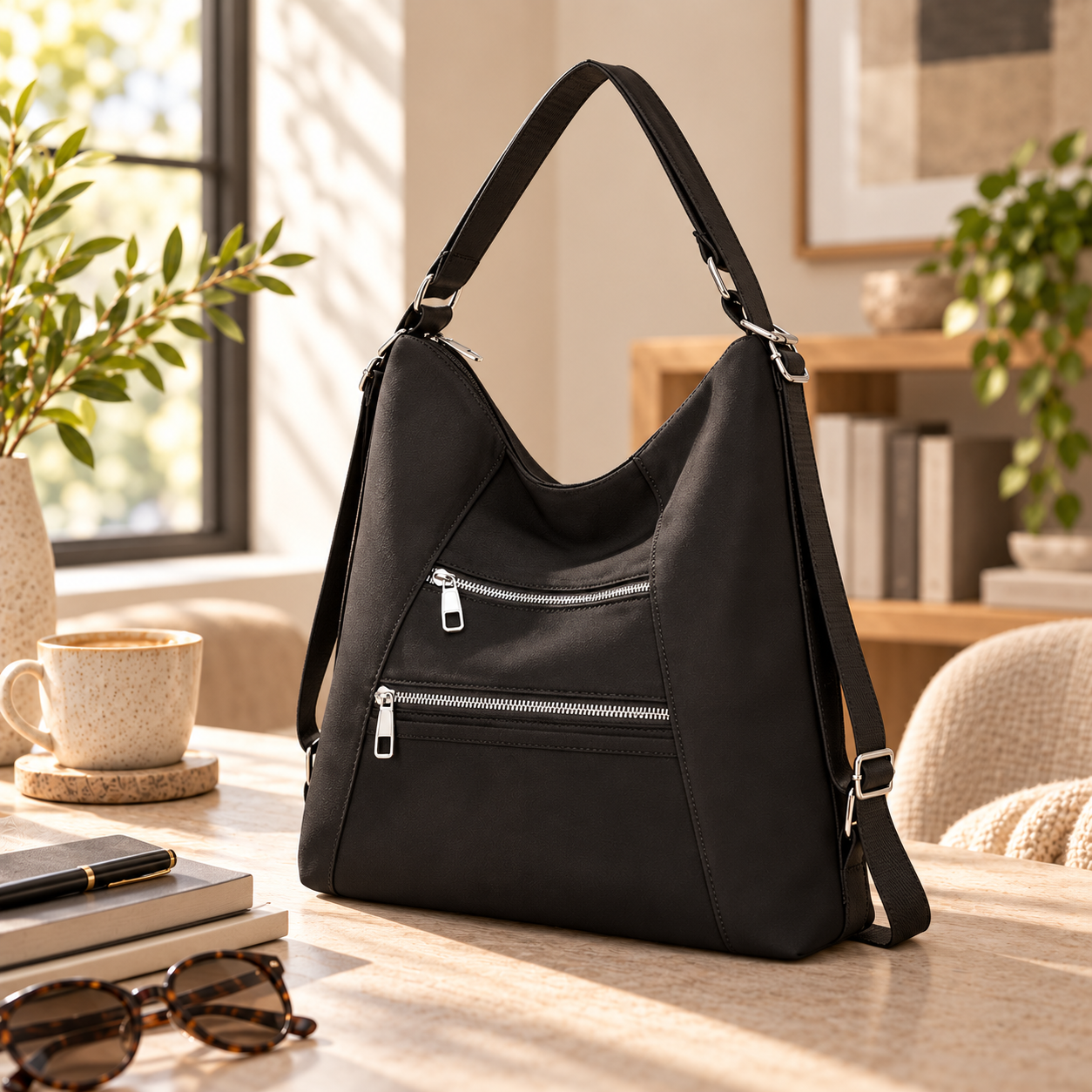 A black handbag with 2 silver front zippers sitting on a wooden table in a cozy room with natural light.