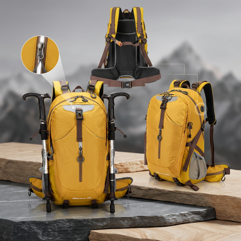 Set of yellow outdoor hiking backpacks with back paddings and a yellow hiking backpack with adjustable straps and several external pockets on a stone surface with a mountainous background.