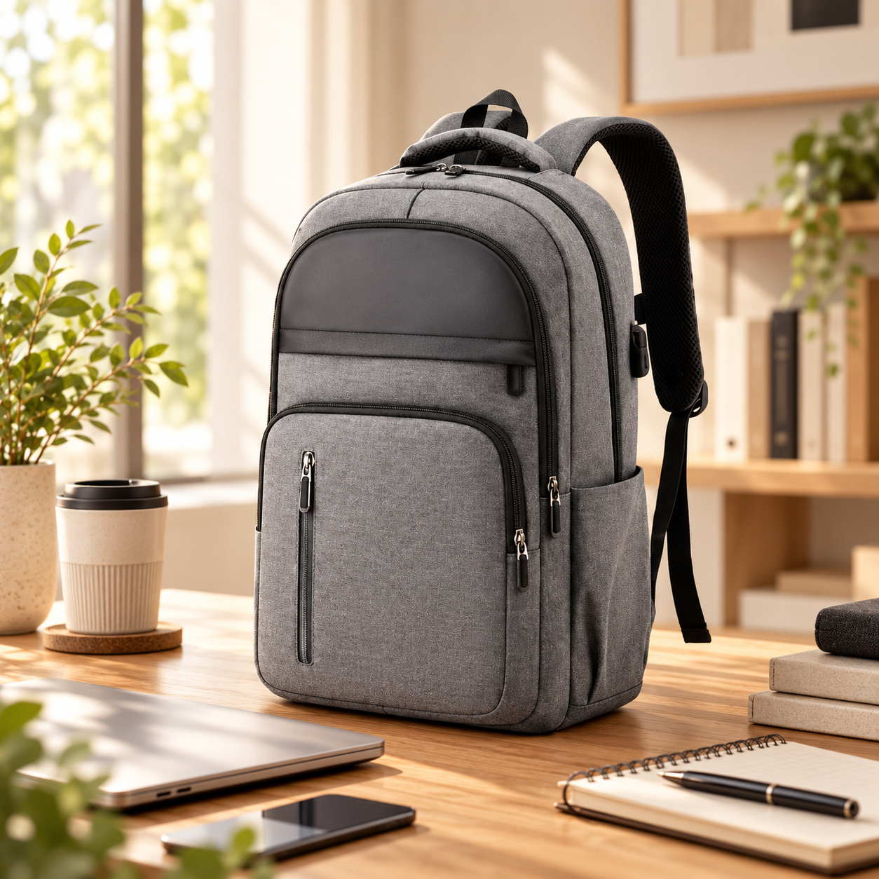 Gray backpack with layered zip sections on a wooden desk with a coffee cup, laptop, smartphone, notebook, and pen around it.
