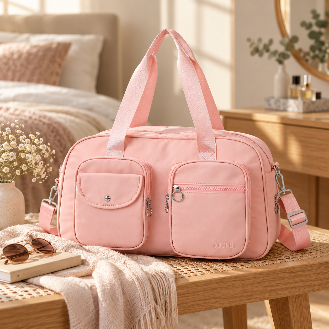 Pink lightweight duffel bag with 2 front separate compartments on a wooden table with sunglasses and a book, in a bedroom setting.