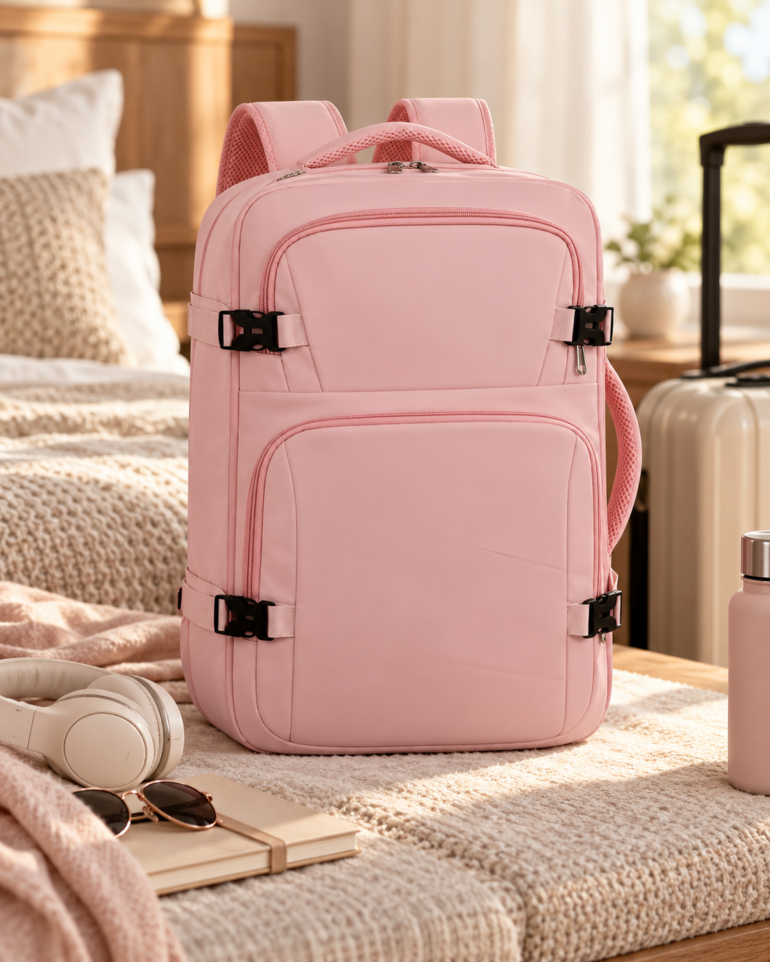 Pink travel backpack with 2 front zippers on bed with headphones, sunglasses, notebook, water bottle, and suitcase in background.